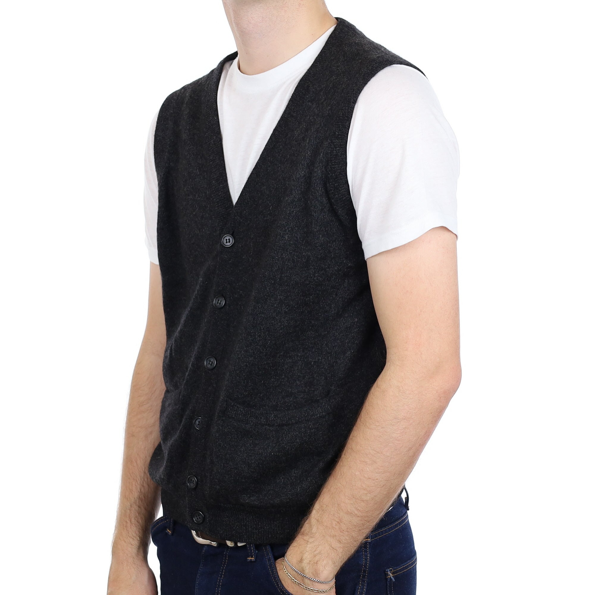 Men's Graphite Grey Cashmere V Neck Waistcoat with Pockets Large