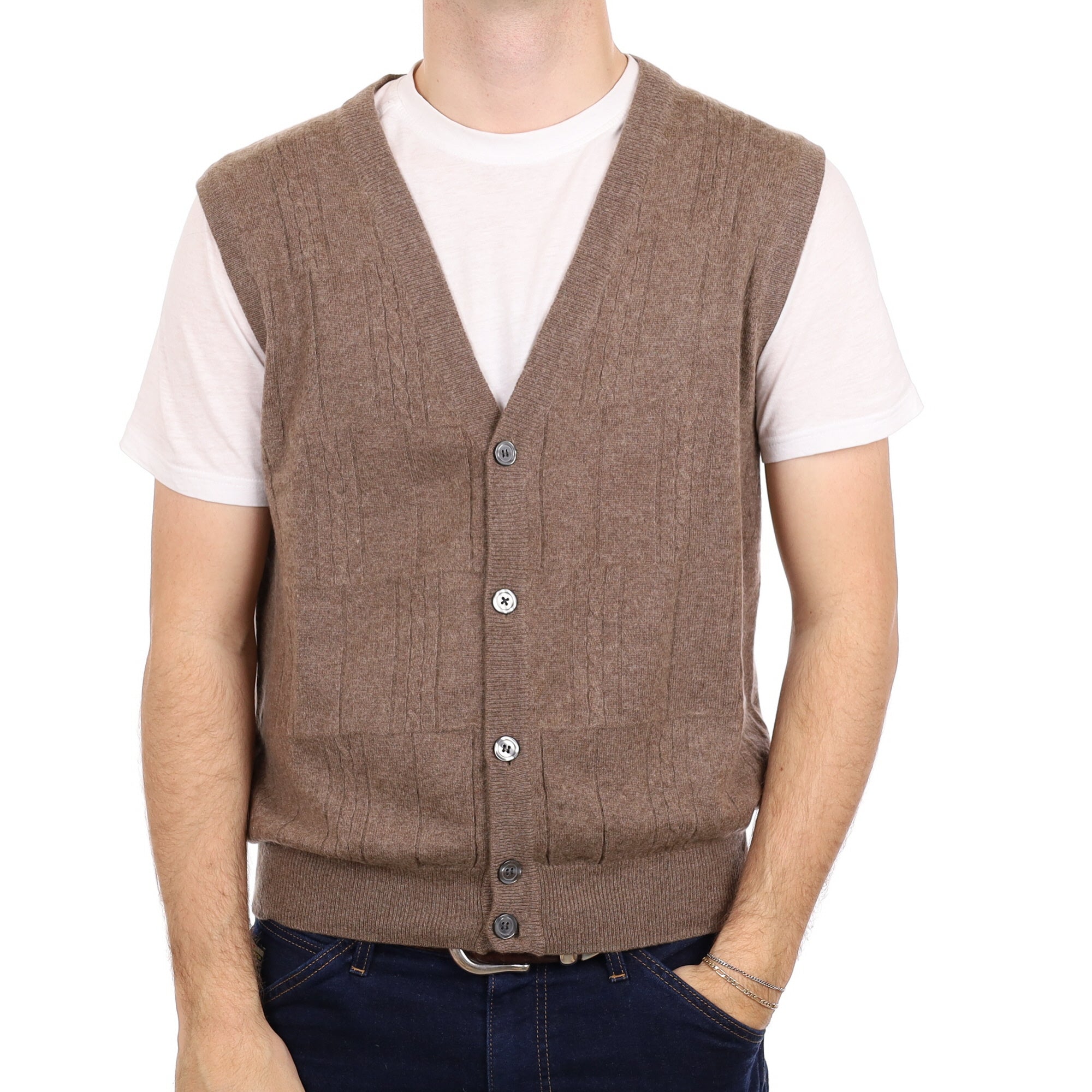 Men's Donkey Brown Cashmere V Neck Waistcoat Large