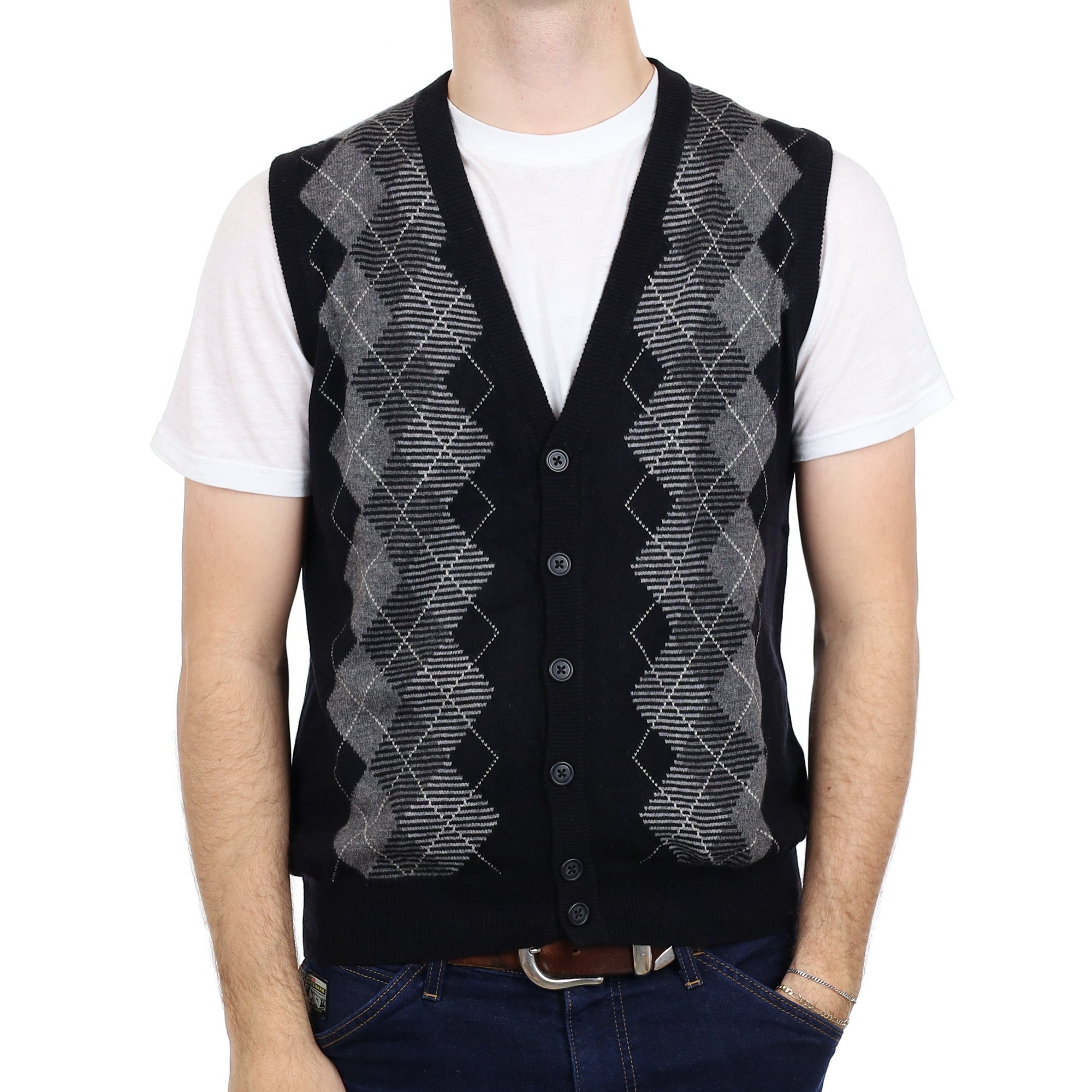Men's Black Cashmere V Neck Waistcoat Large