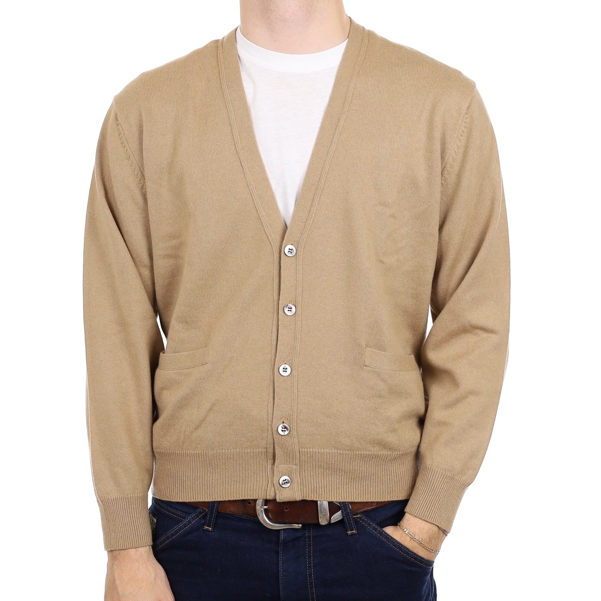 Men's Camel Brown Cashmere V  Neck Cardigan with Pockets Large