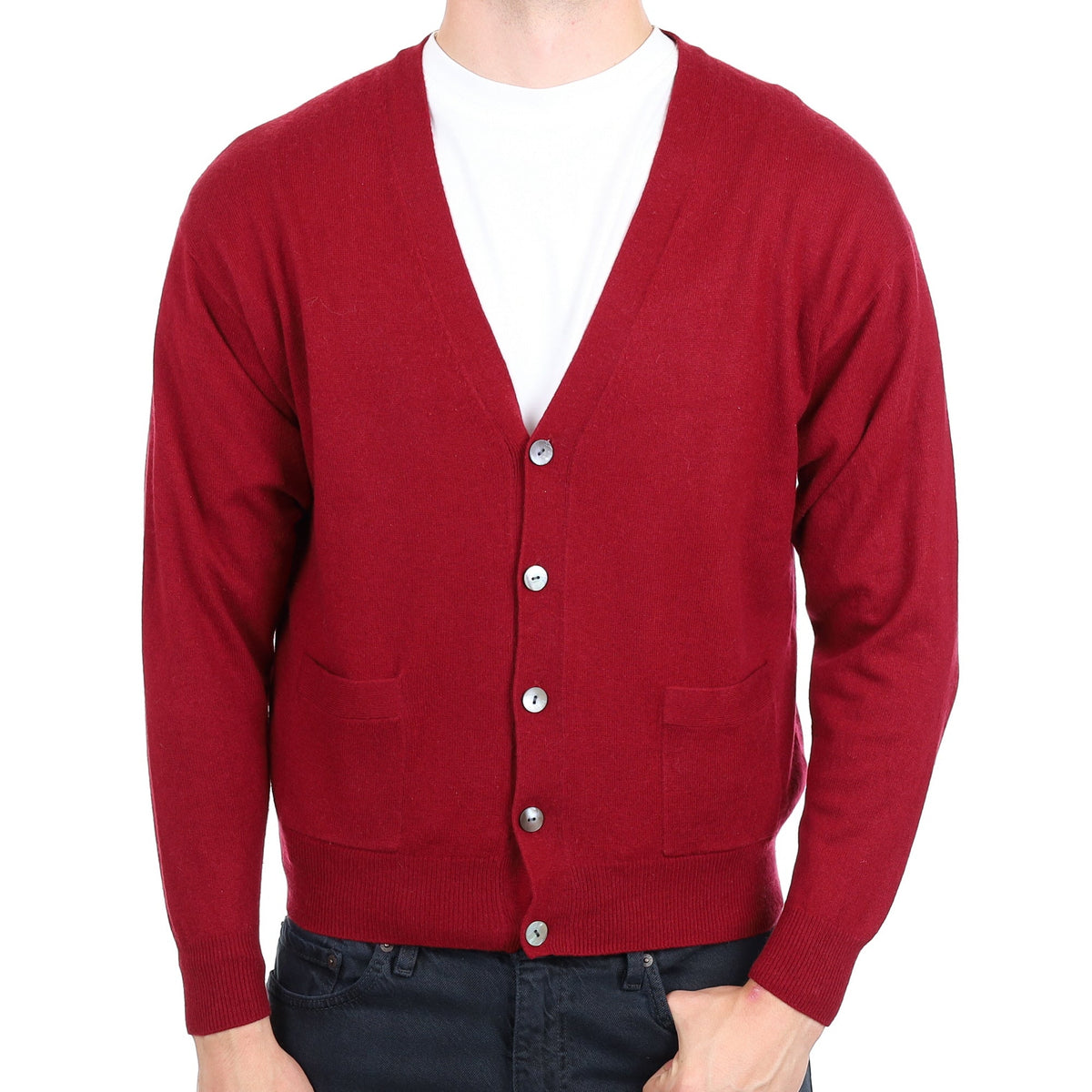 Men's Scottish Burgundy Red Cashmere V Neck Cardigan with Pockets XL