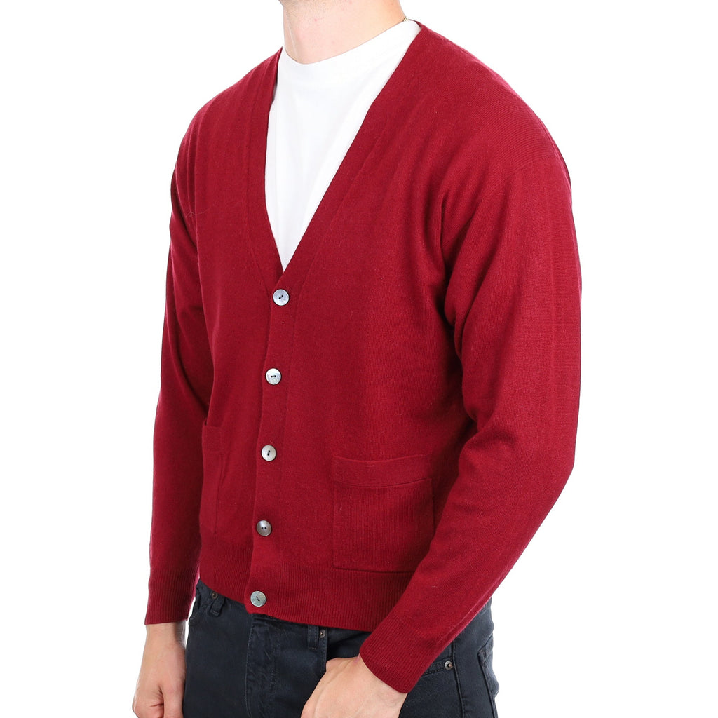 Men's Scottish Burgundy Red Cashmere V Neck Cardigan with Pockets XL