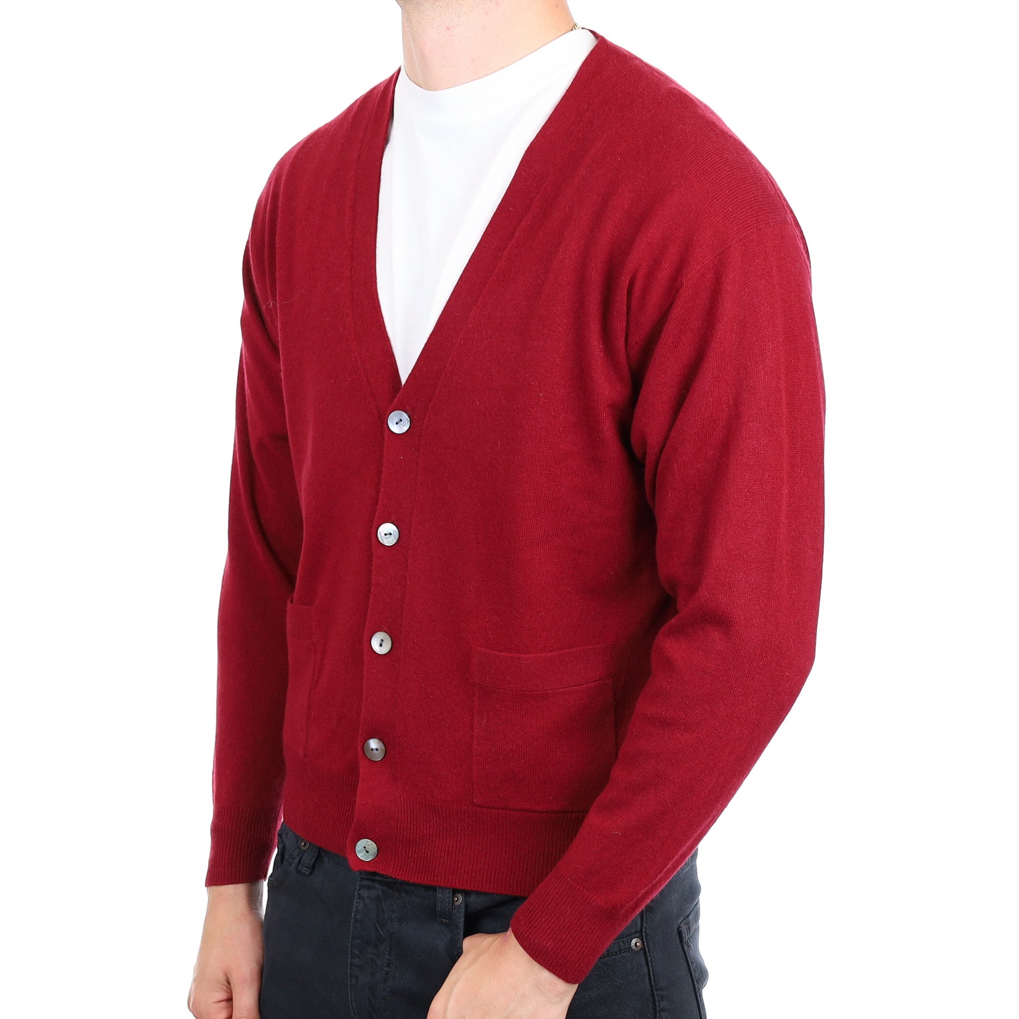 Men's Scottish Burgundy Red Cashmere V Neck Cardigan with Pockets XL