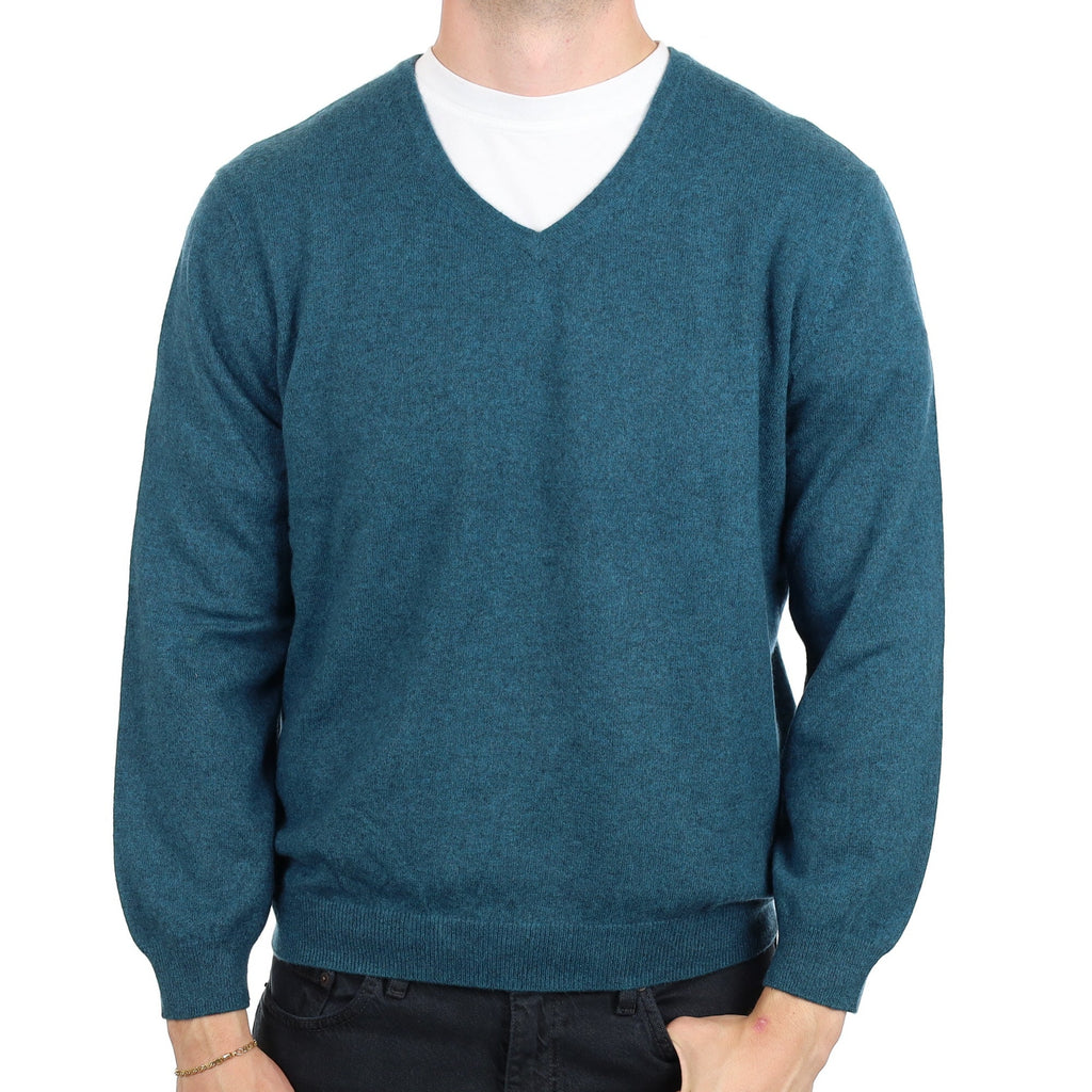 Men's Teal Green Cashmere V Neck Jumper XL