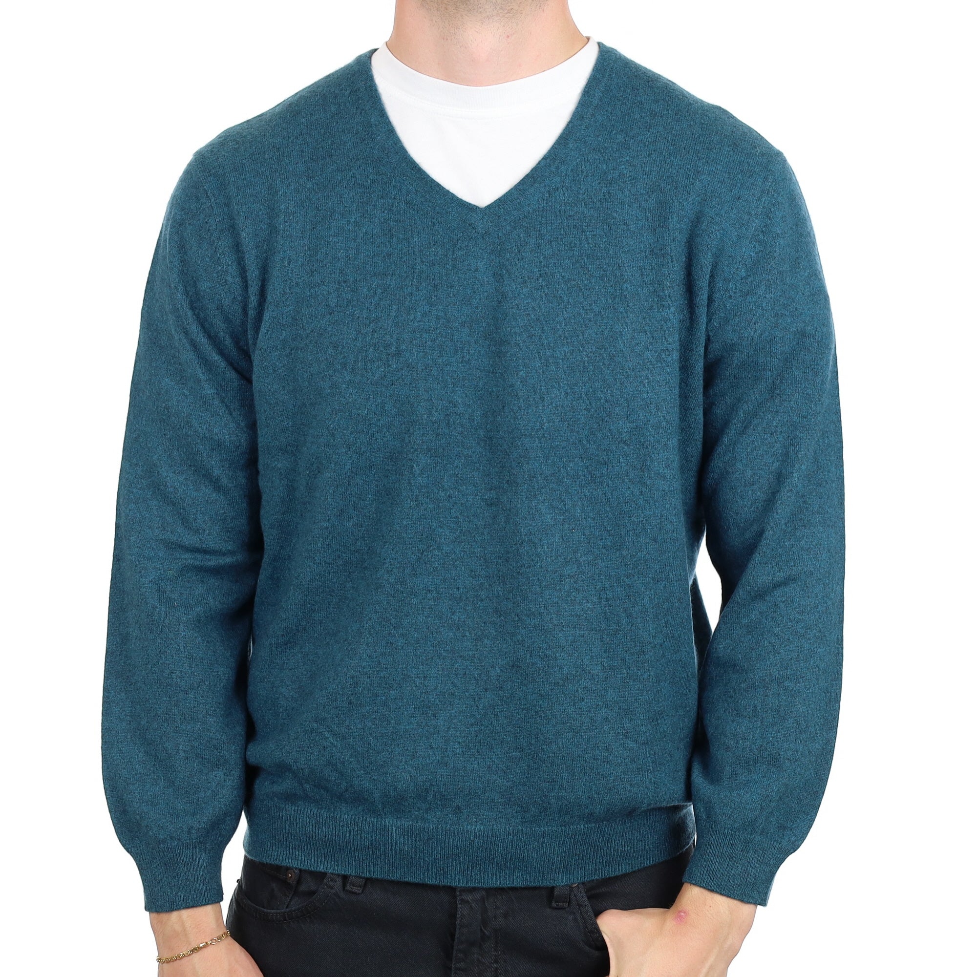 Men's Teal Green Cashmere V Neck Jumper XL