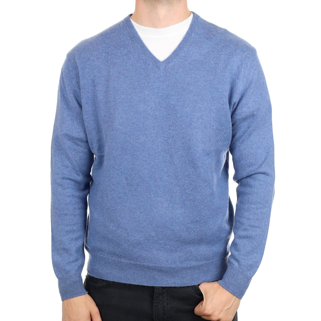 Men's Denim Blue Cashmere V Neck Jumper XL