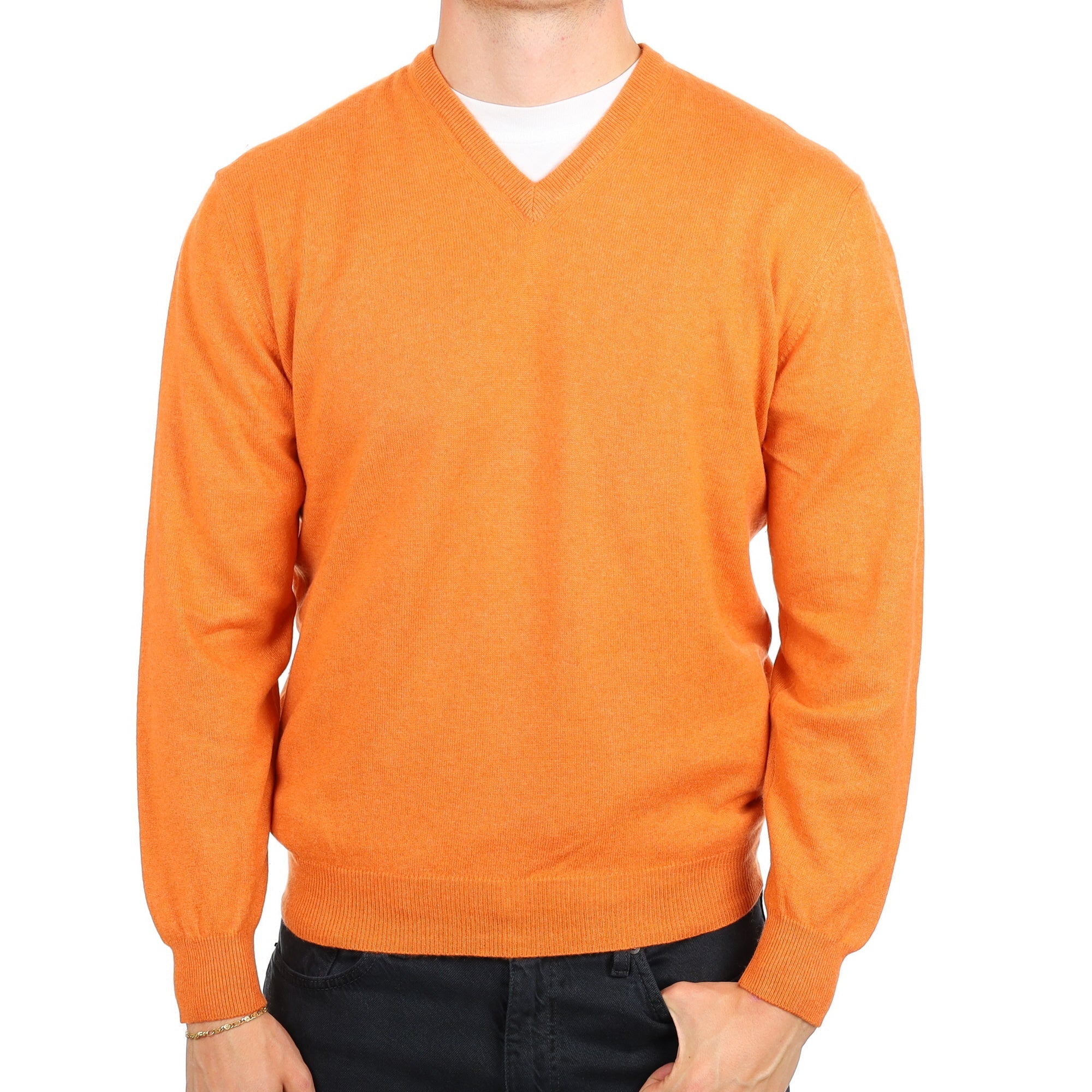 Men's Sunset Orange Cashmere V Neck Jumper XL