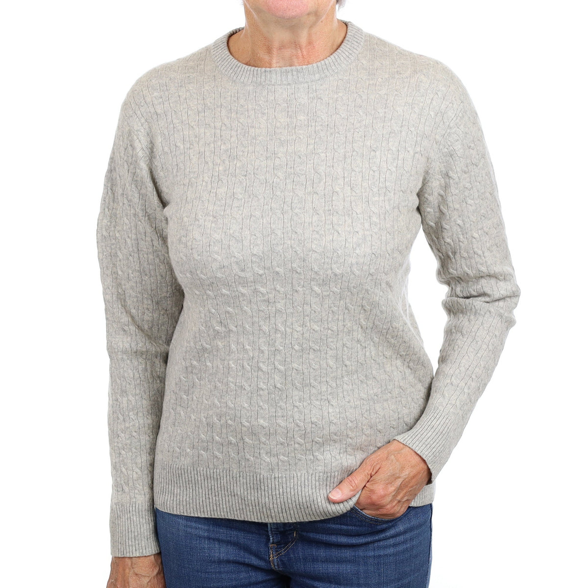 Mist Grey Cable Cashmere Crew Neck Jumper Medium