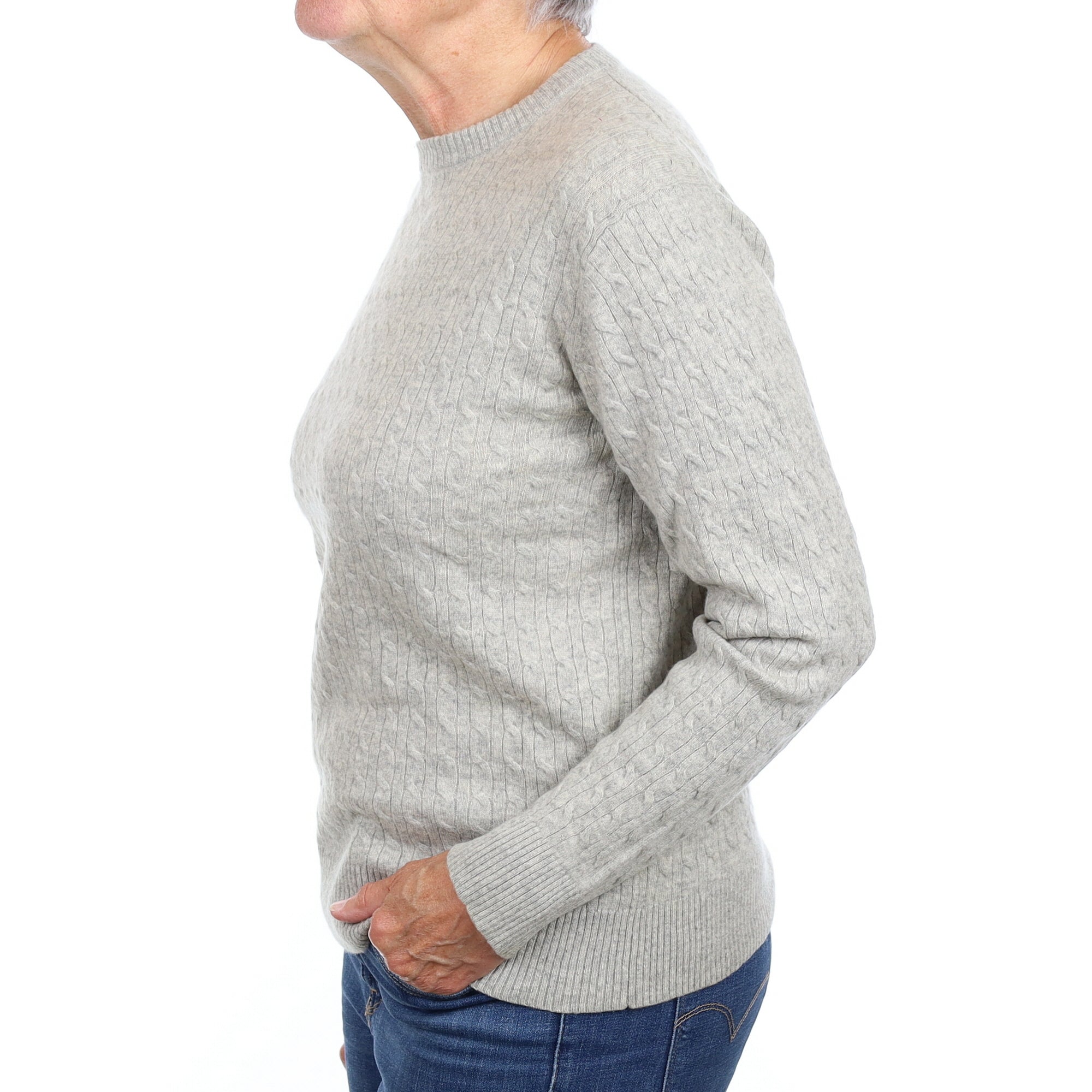 Mist Grey Cable Cashmere Crew Neck Jumper Medium