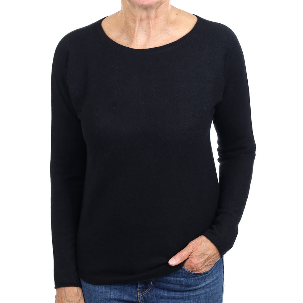 Black Cashmere Batwing Wide Crew Neck Jumper Medium