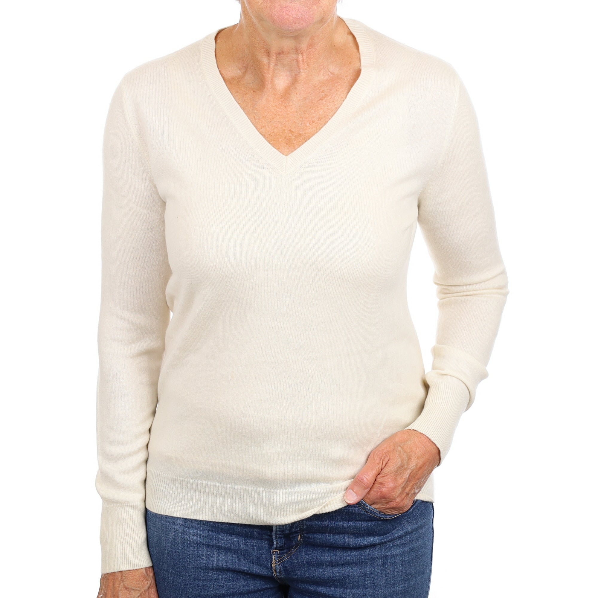 Ivory Cashmere V Neck Jumper Medium