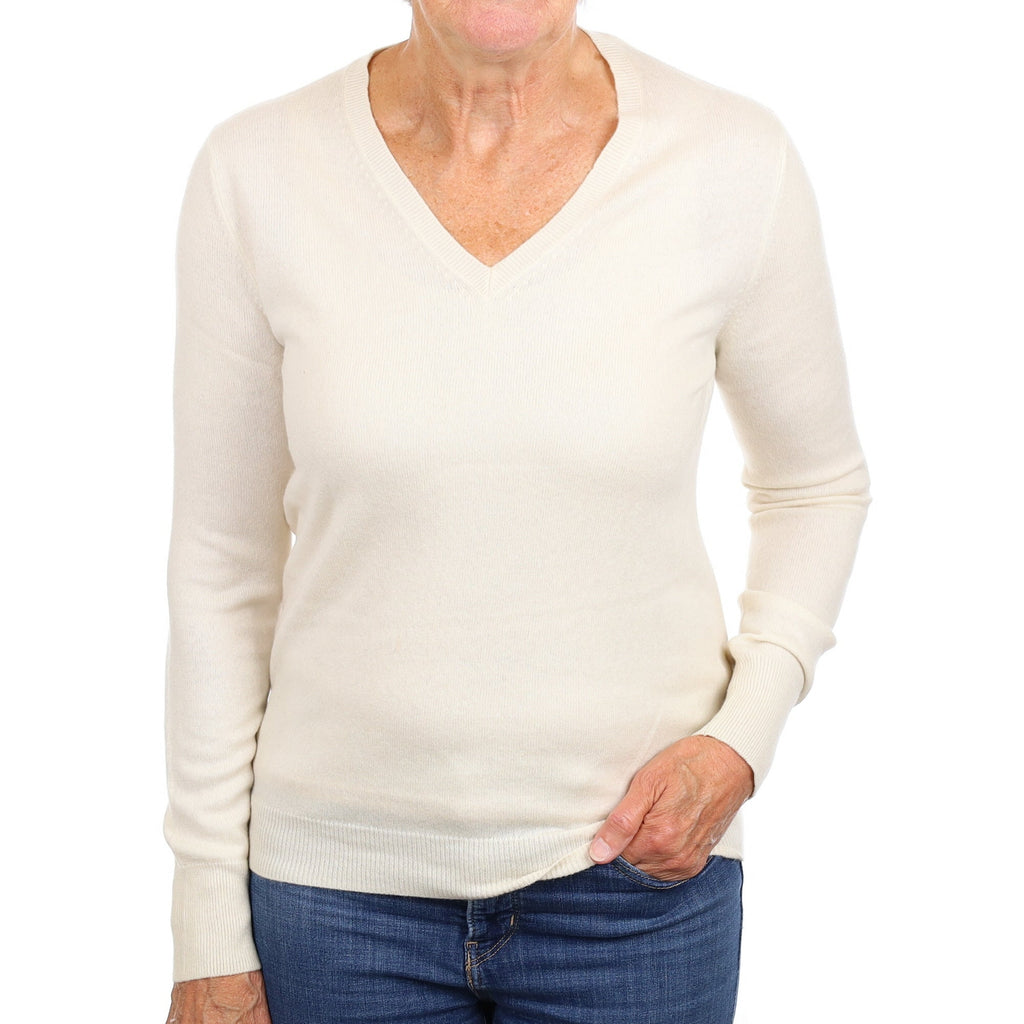 Ivory Cashmere V Neck Jumper Medium