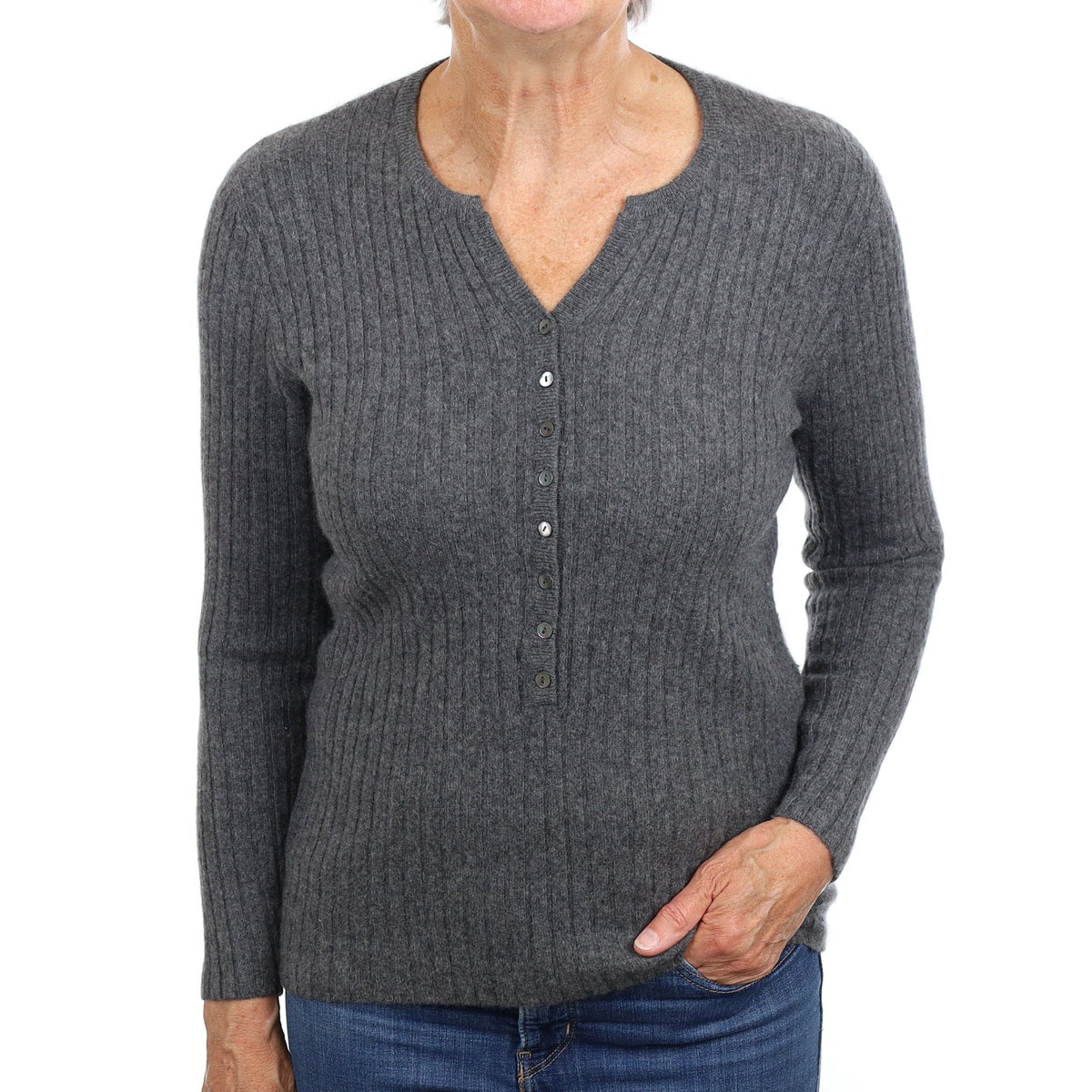 Slate Grey Rib Cashmere Buttoned Notch Neck Jumper Medium