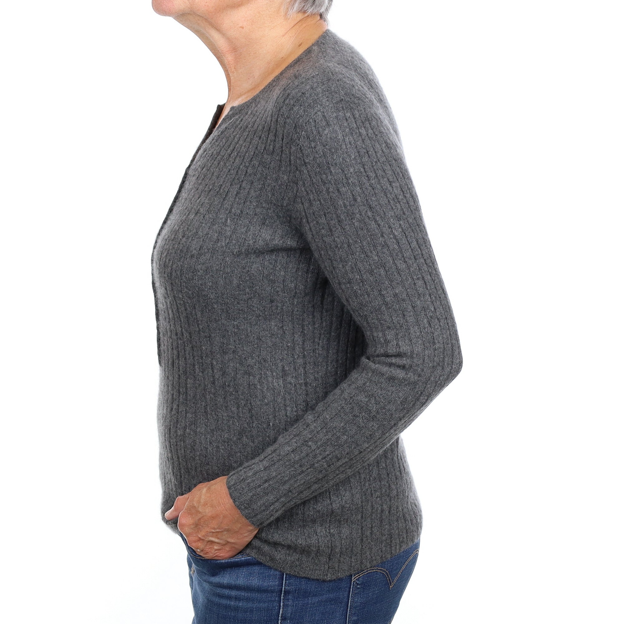 Slate Grey Rib Cashmere Buttoned Notch Neck Jumper Medium