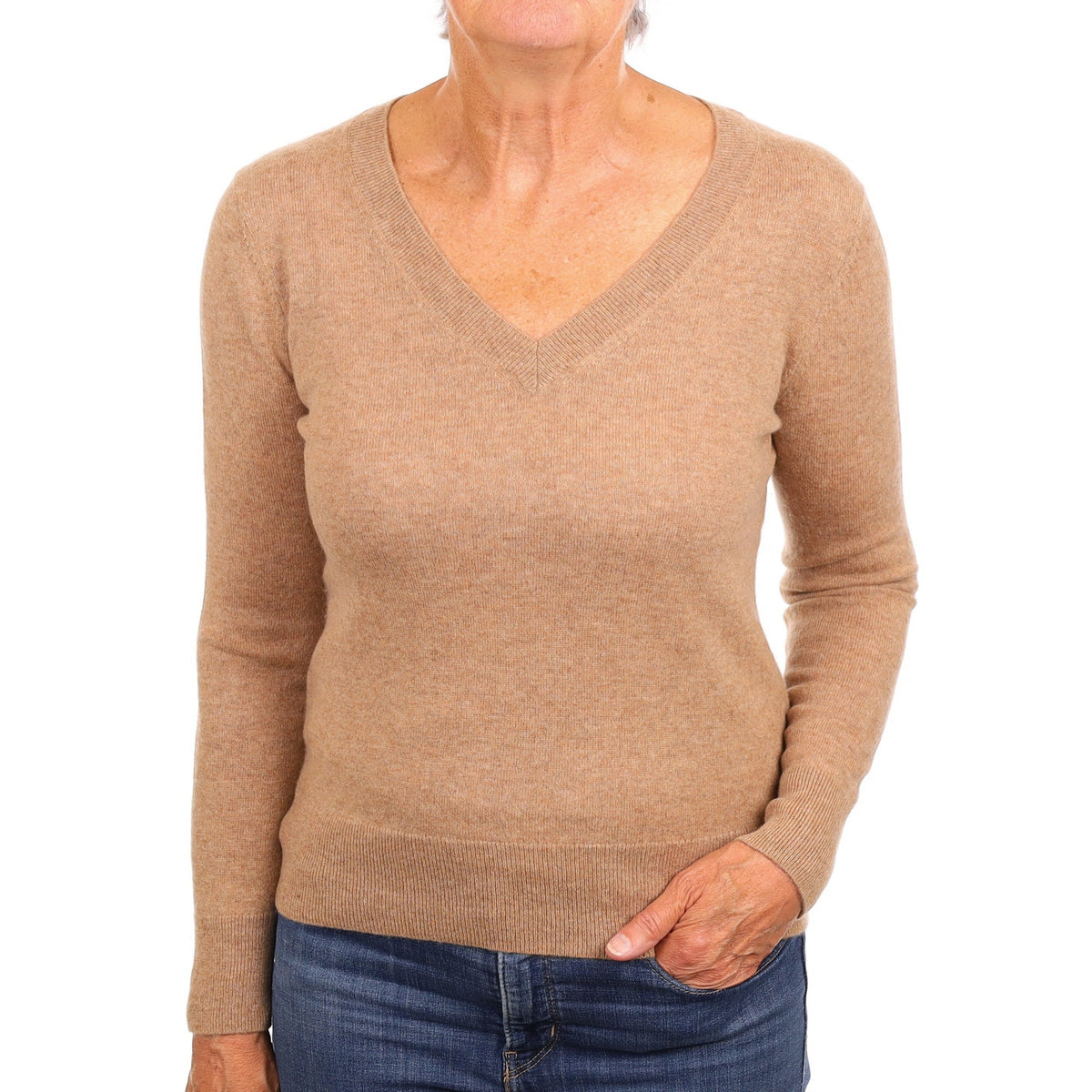 Fudge Brown Cashmere V Neck Jumper Medium