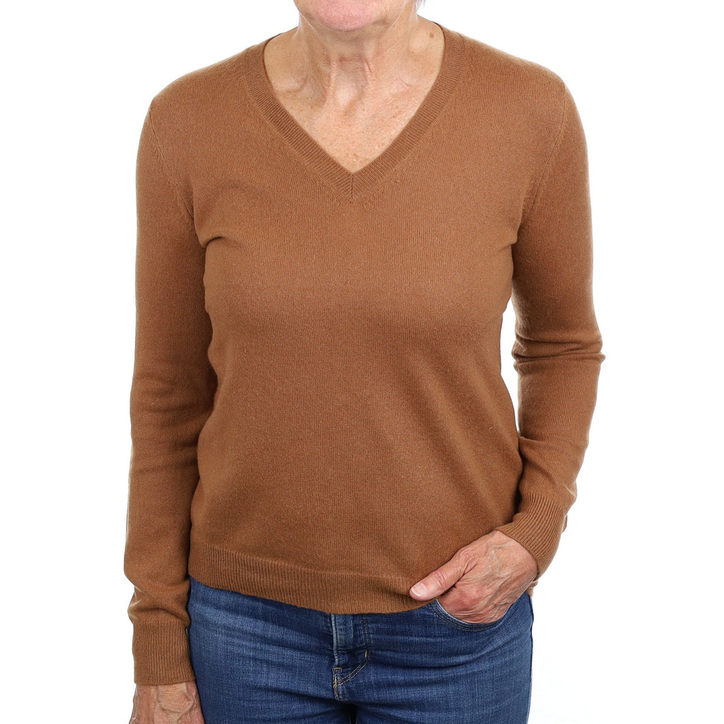 Cinnamon Brown Cashmere V Neck Jumper Medium