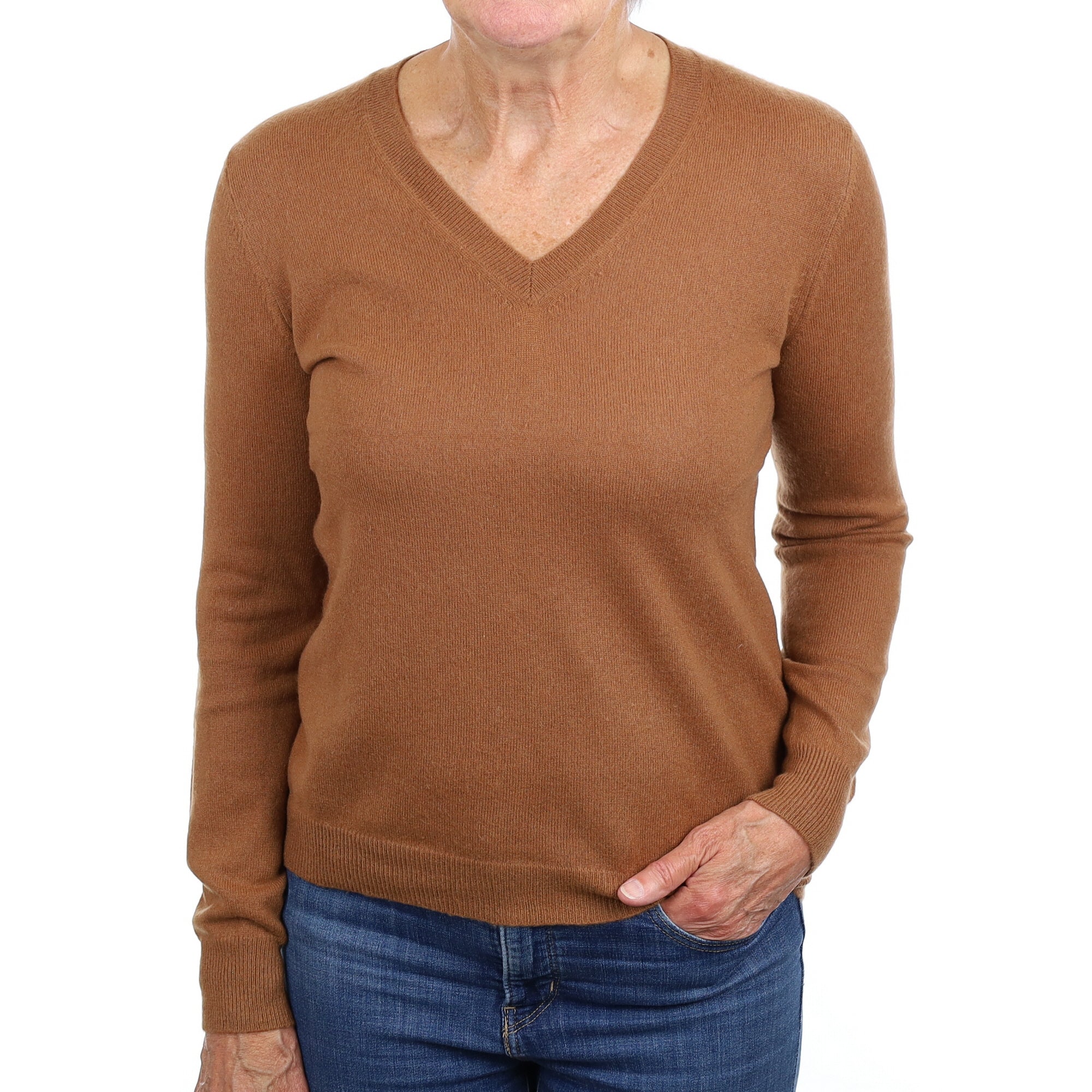Cinnamon Brown Cashmere V Neck Jumper Medium