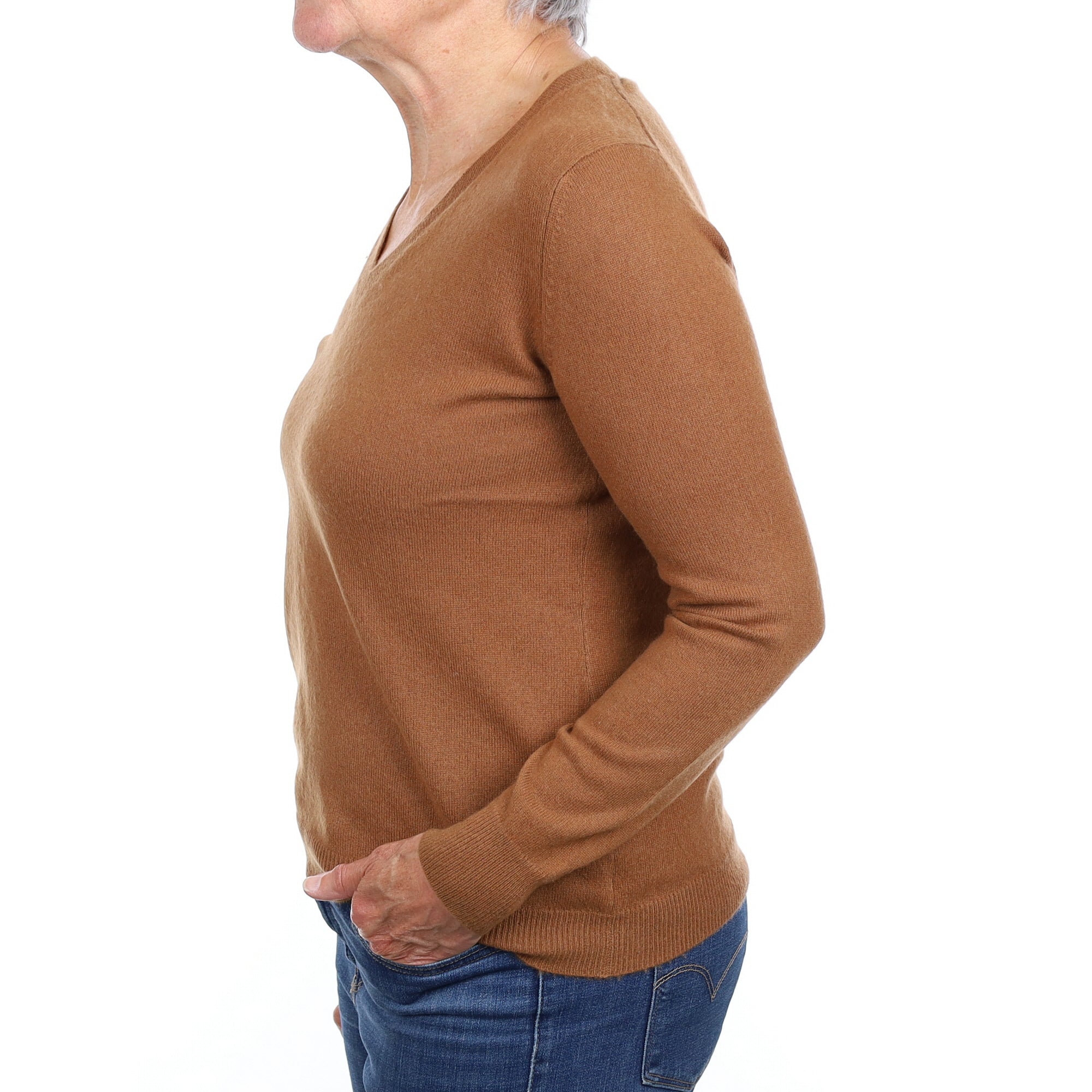 Cinnamon Brown Cashmere V Neck Jumper Medium
