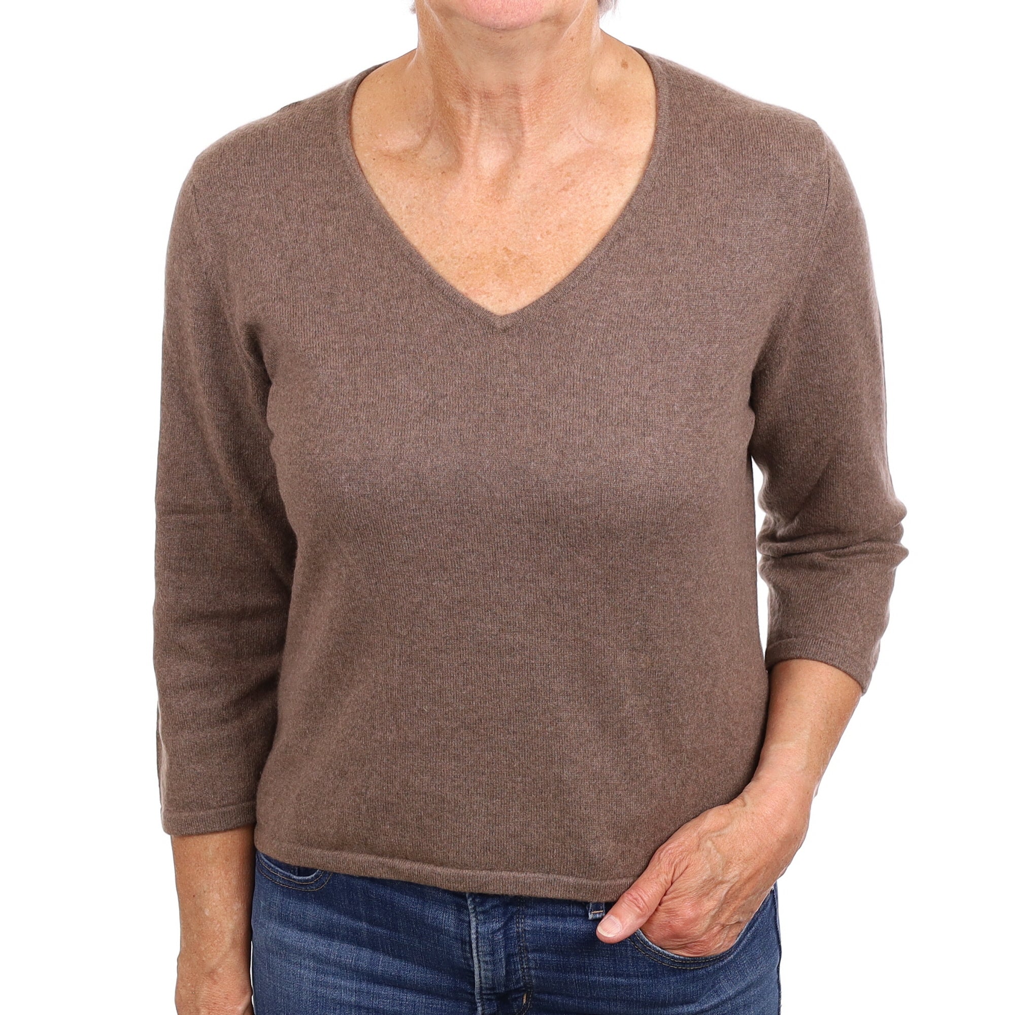 Mocha Brown Cashmere 3/4 Sleeve V Neck Jumper Medium