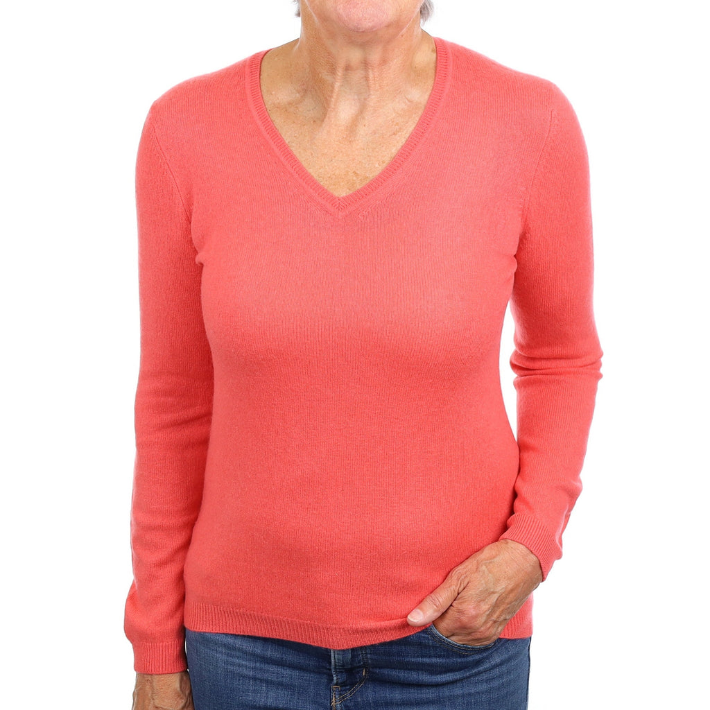 Bright Coral Pink Cashmere V Neck Jumper Medium