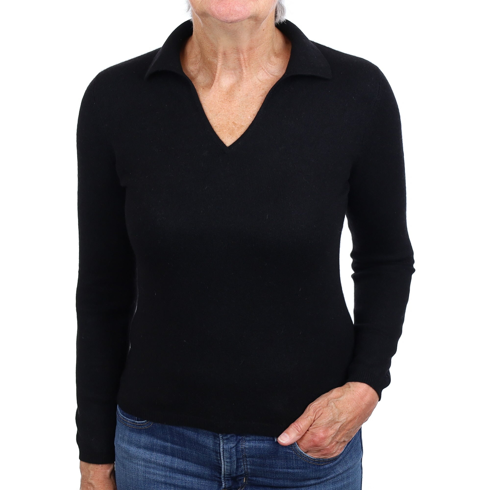 Black Cashmere Collared V Neck Jumper Medium