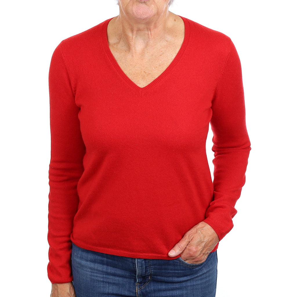 Scarlet Red Cashmere V Neck Jumper Medium