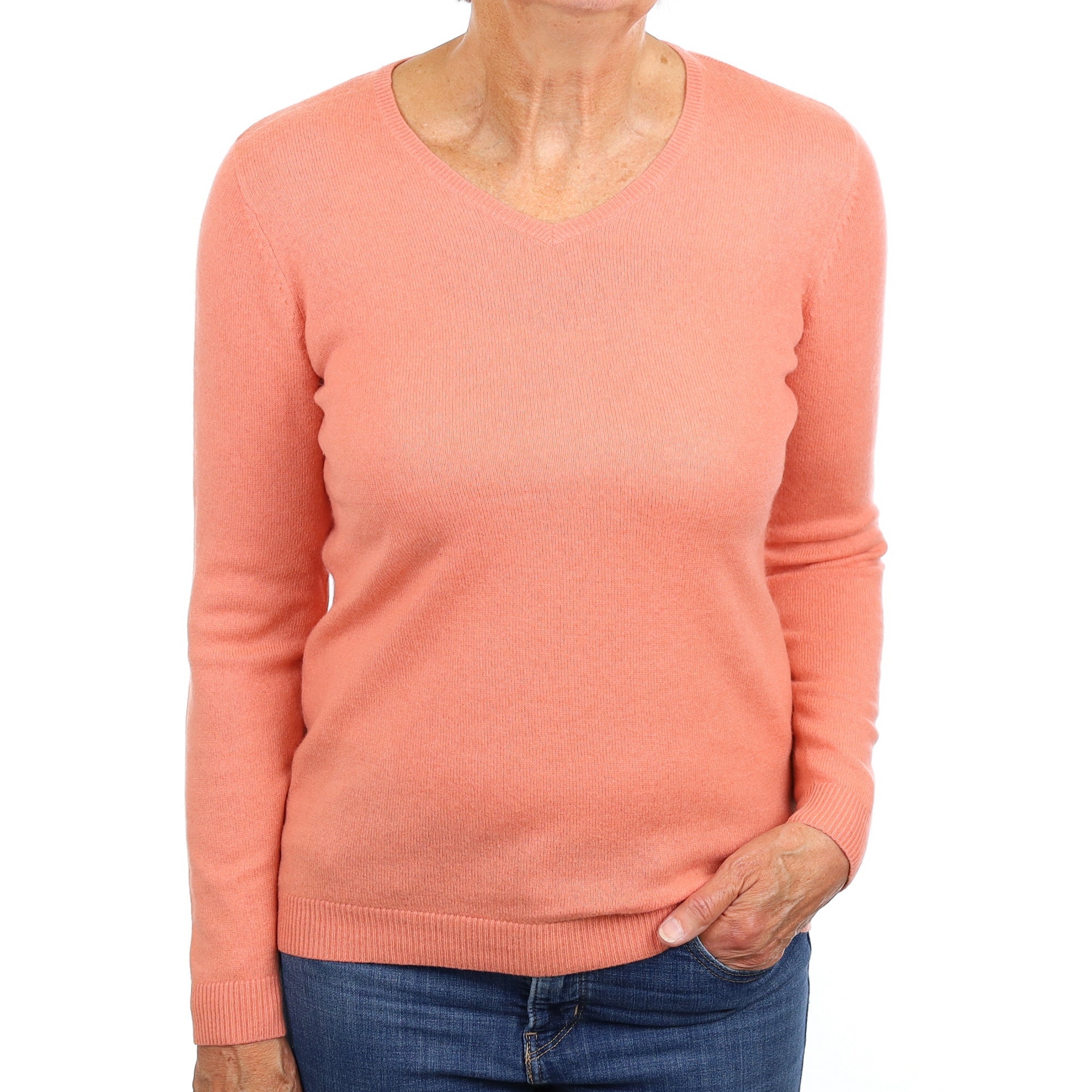 Coral Orange Cashmere V Neck Jumper Medium