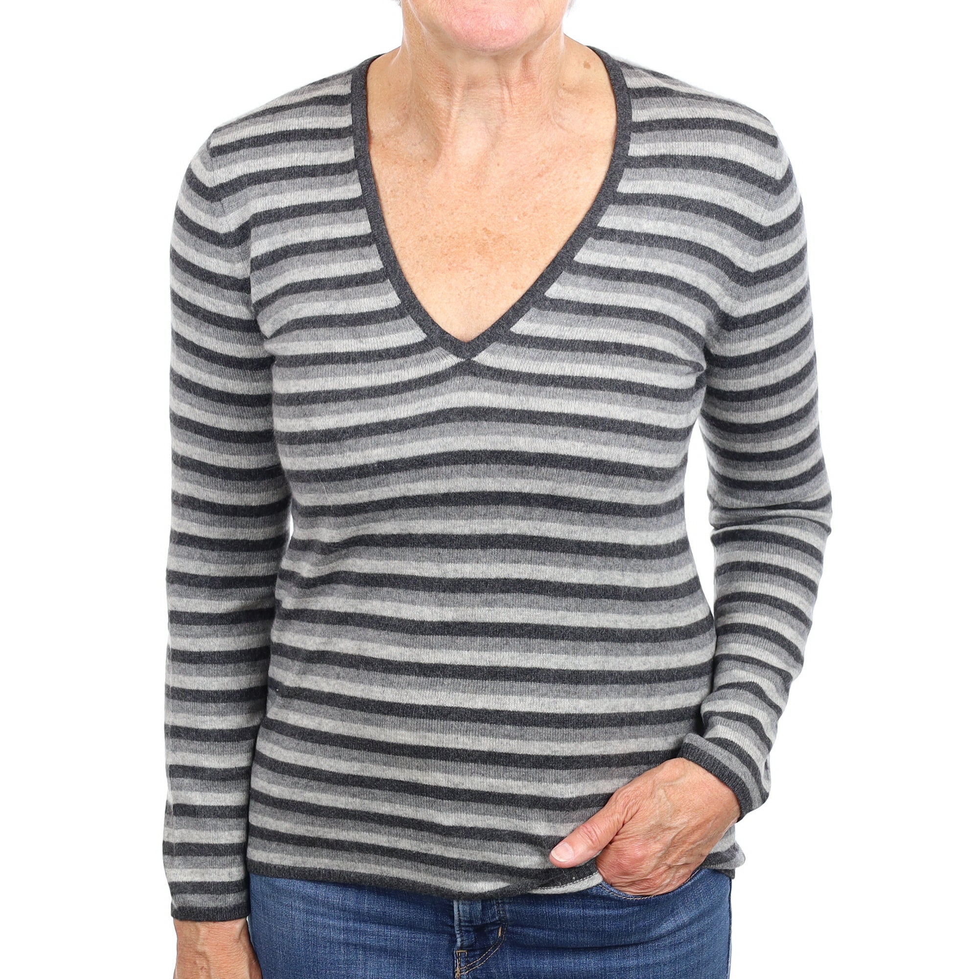 Grey Stripe Cashmere V Neck Jumper Medium