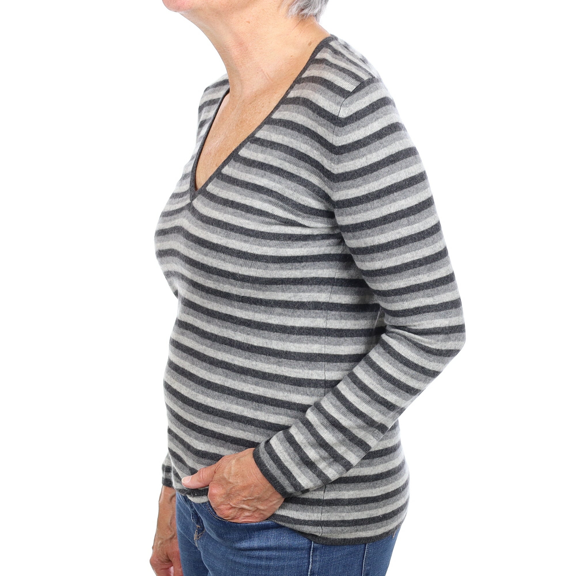 Grey Stripe Cashmere V Neck Jumper Medium