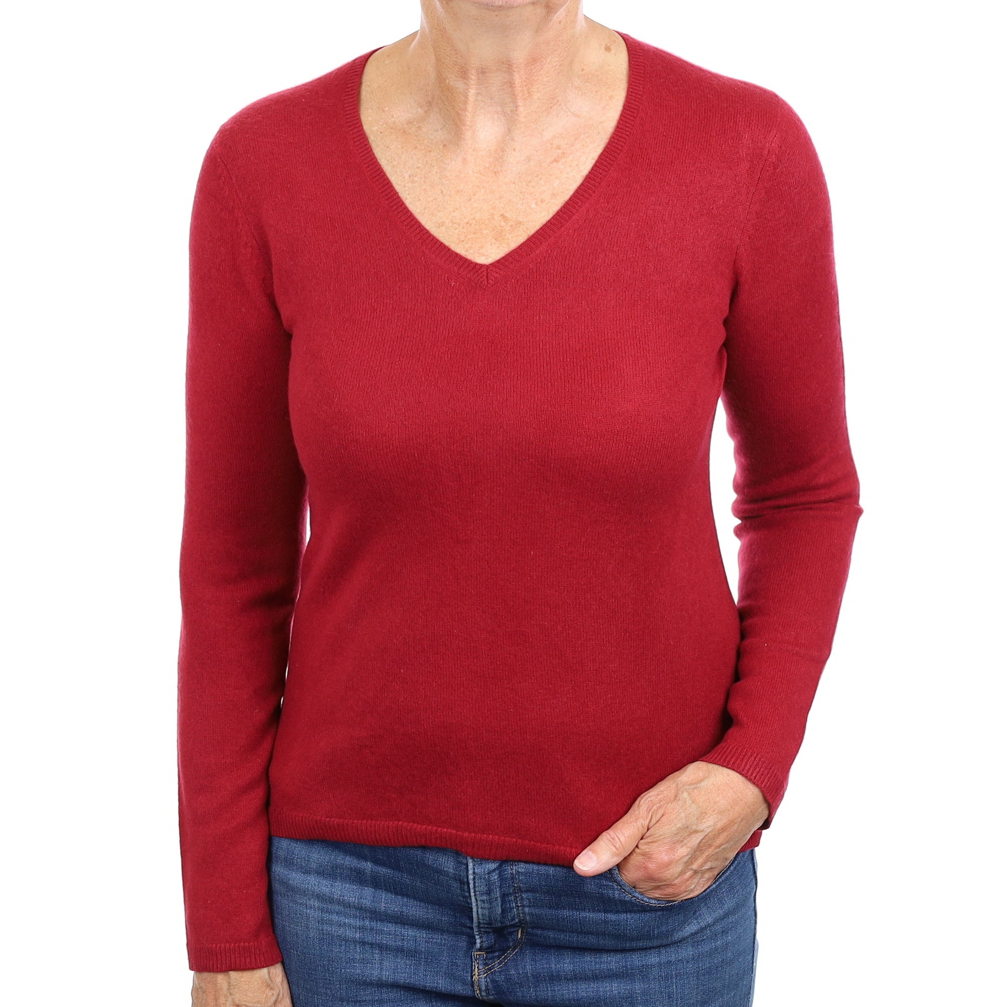 Crimson Red Cashmere V Neck Jumper Medium