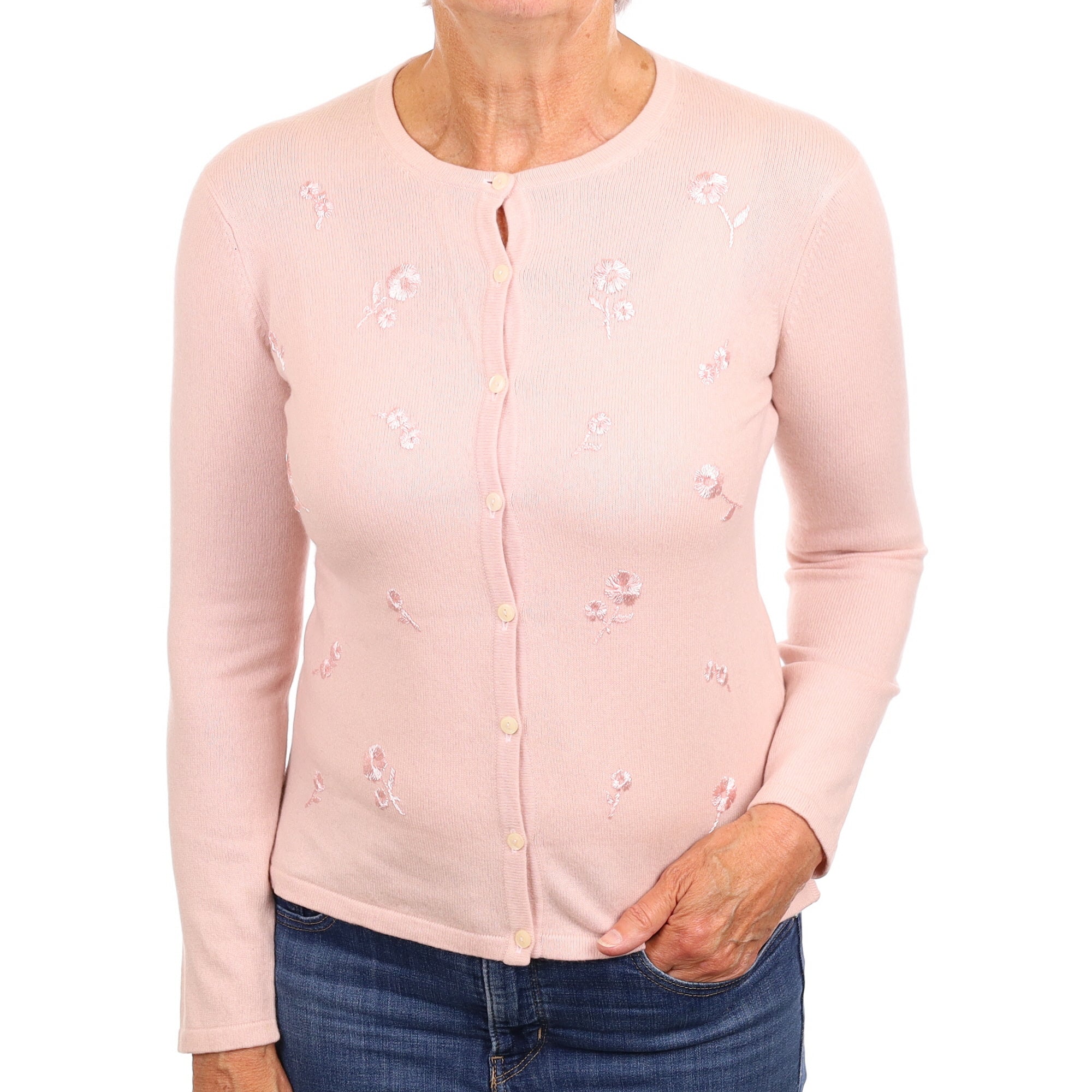 Shell Pink Embroidered Cashmere Crew Neck Cardigan Medium