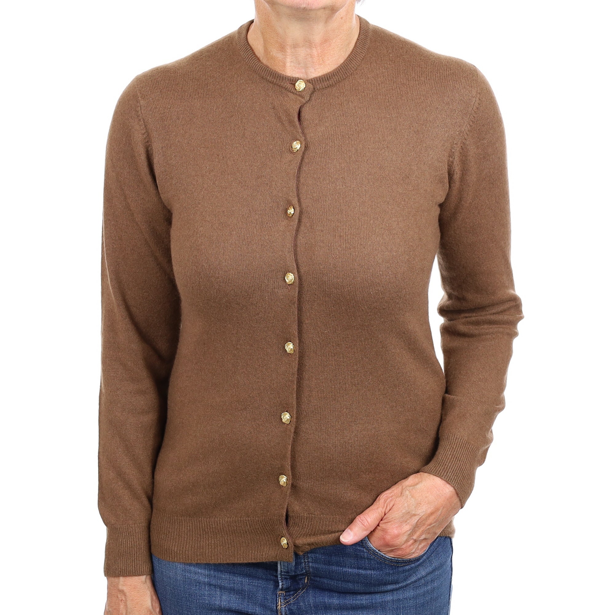 Nutmeg Brown Cashmere Crew Neck Cardigan Medium