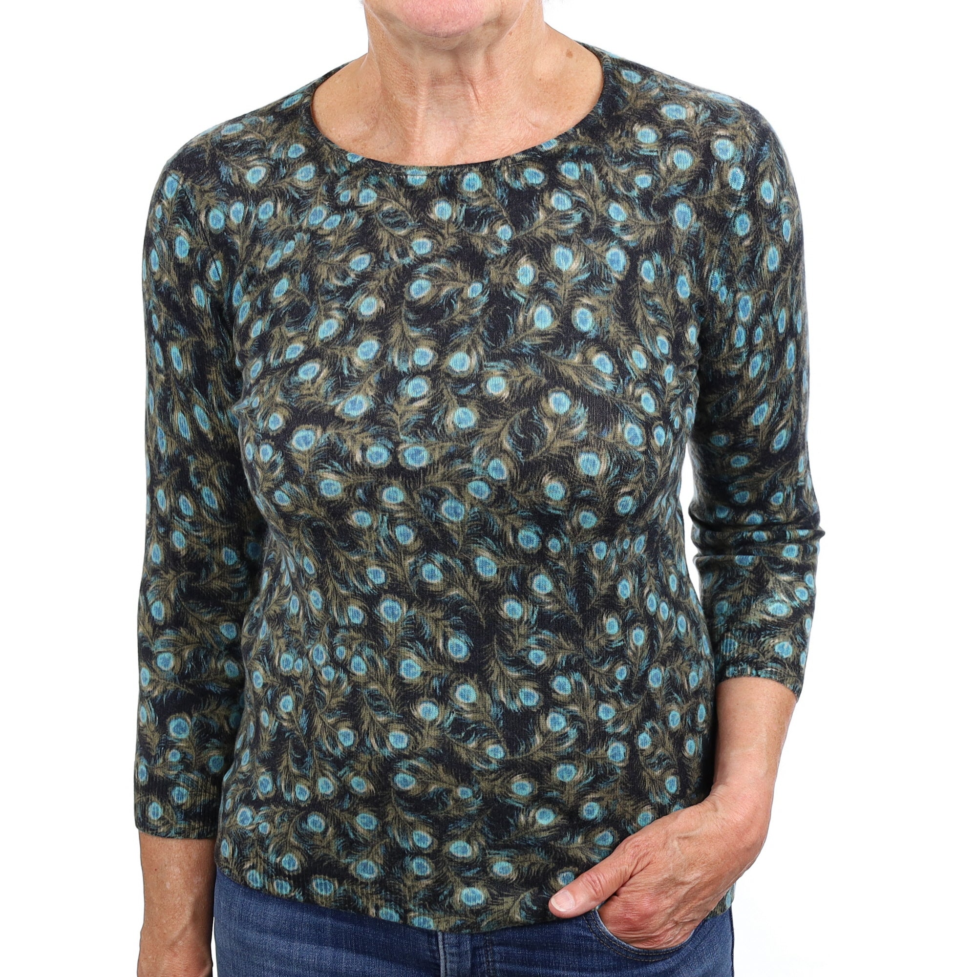 Black and Feather Patten Cashmere Crew Neck Jumper Medium