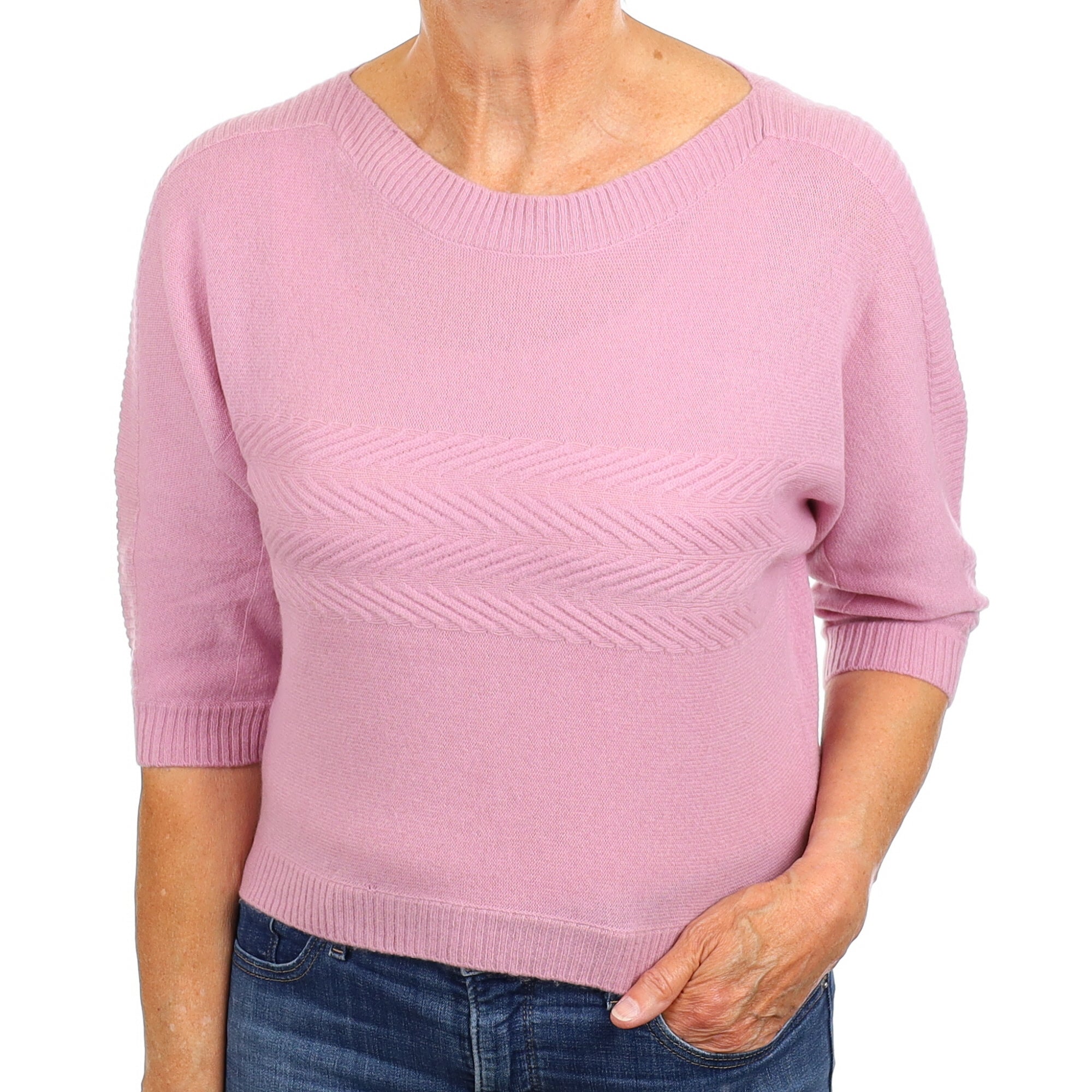 Foxglove Textured Cashmere 3/4 Sleeve Crew Neck Jumper Medium