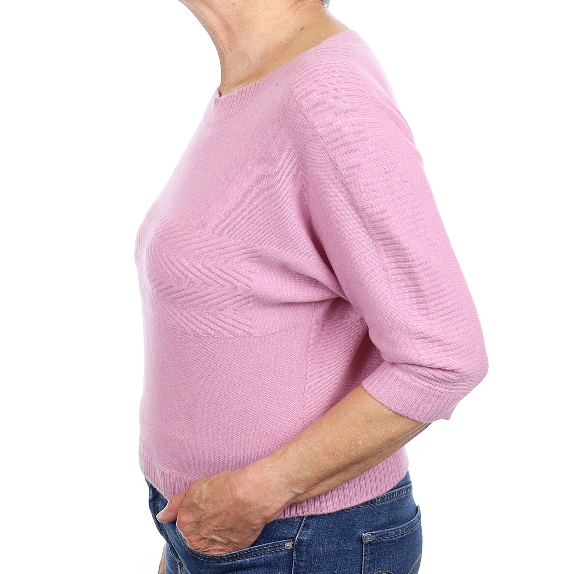 Foxglove Textured Cashmere 3/4 Sleeve Crew Neck Jumper Medium