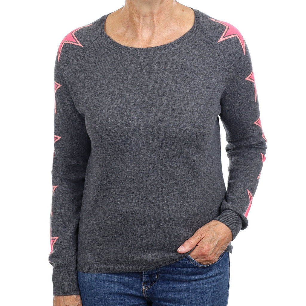 Slate Grey Pink Star Cashmere Crew Neck Jumper Medium