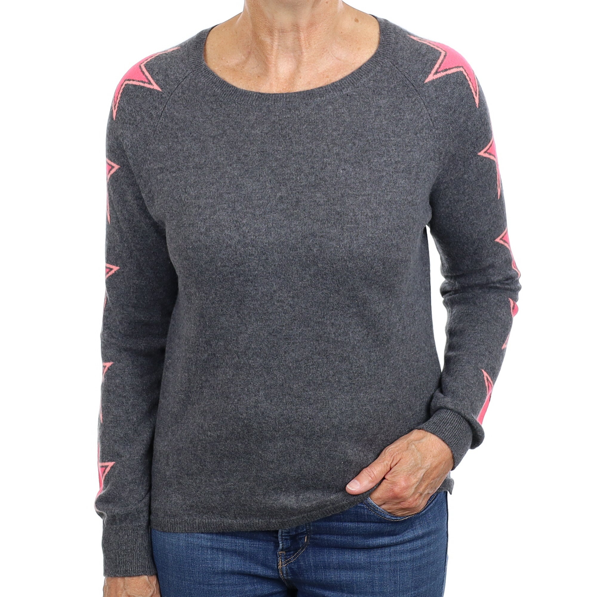 Slate Grey Pink Star Cashmere Crew Neck Jumper Medium