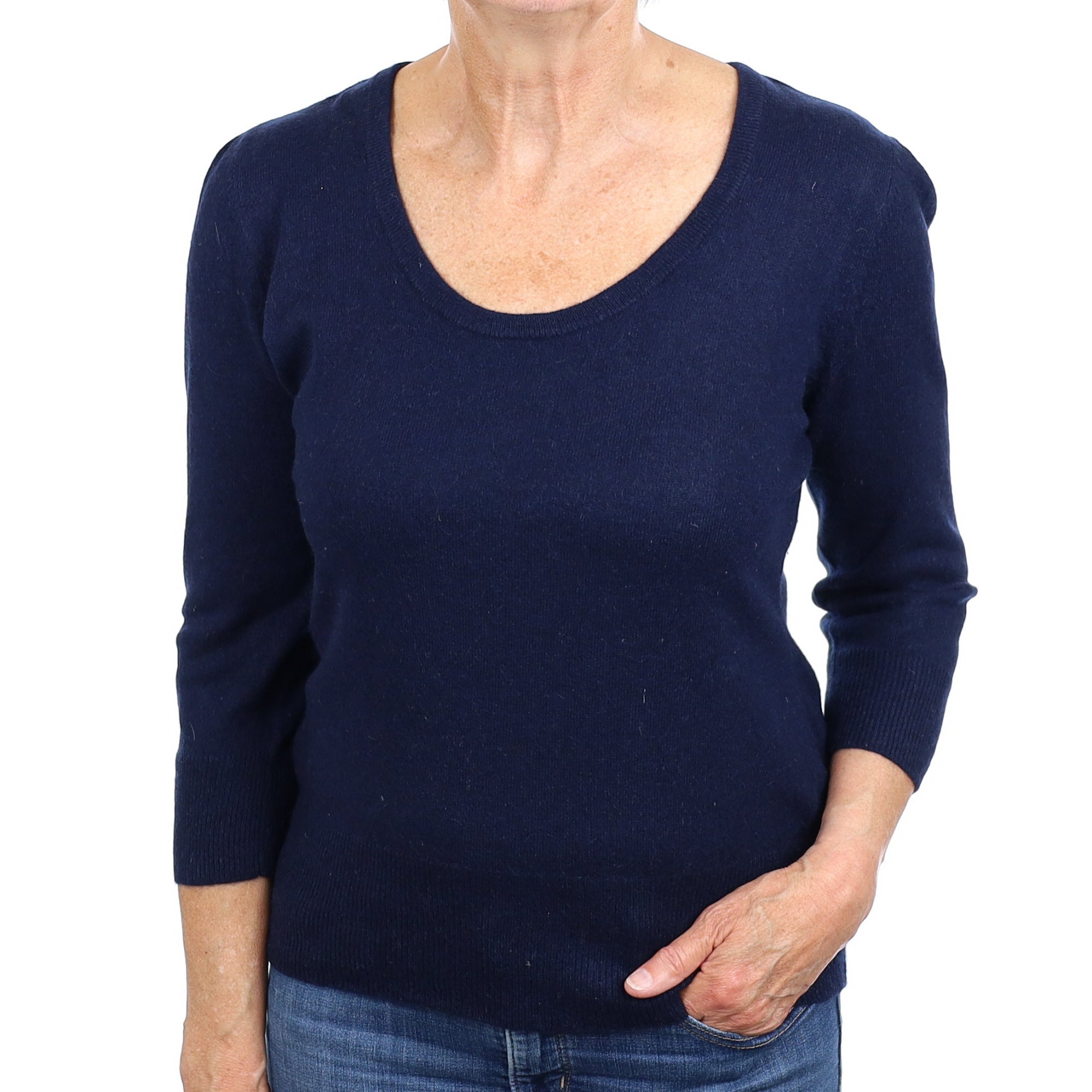 Navy Blue Cashmere 3/4 Sleeve Scoop Neck Jumper Medium