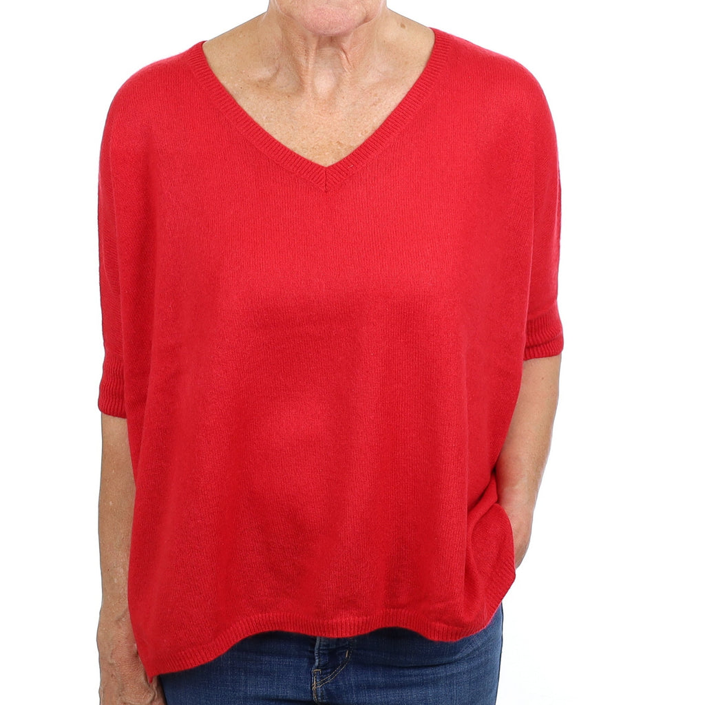 Scarlet Red Cashmere Batwing Half Sleeve V Neck Jumper Medium