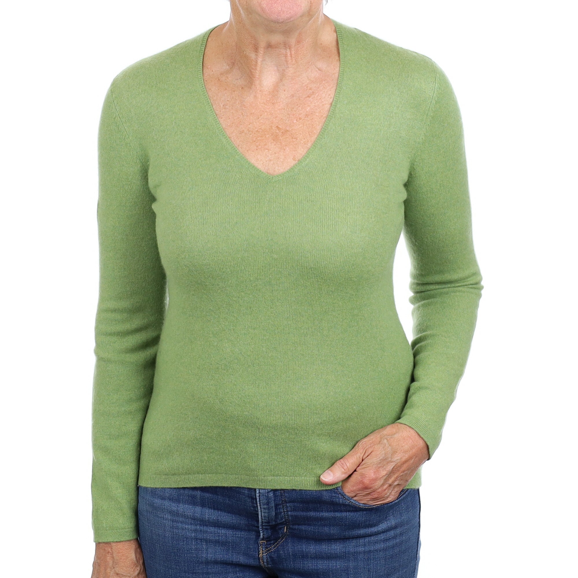 Pistachio Green Cashmere V Neck Jumper Medium