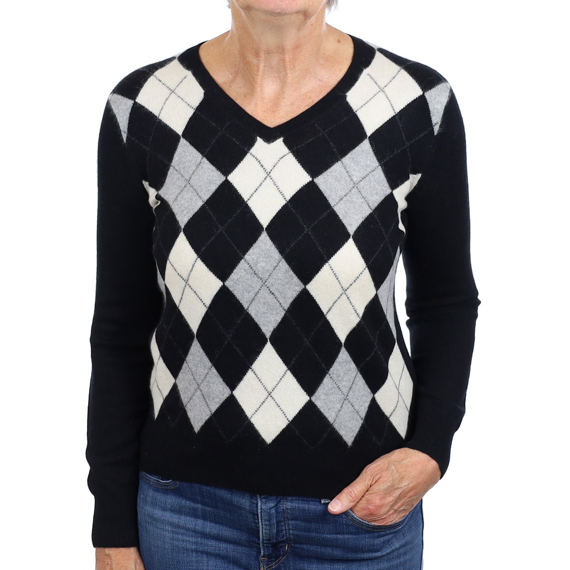 Black and Grey Argyle Cashmere V Neck Jumper Medium