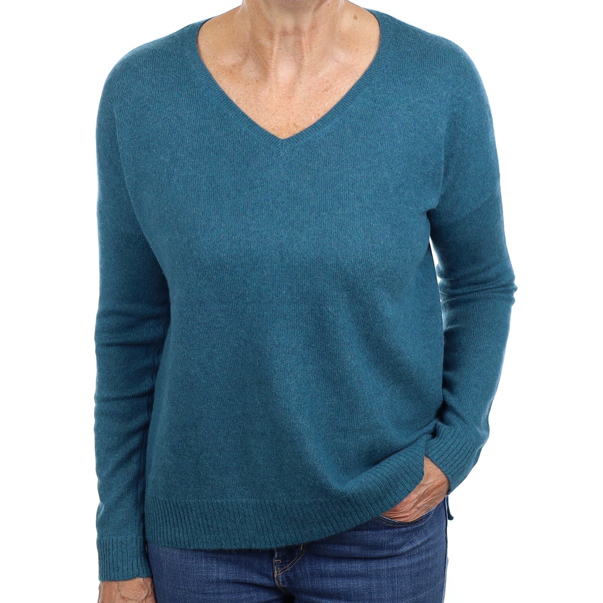 Peacock Green Cashmere V Neck Jumper Medium