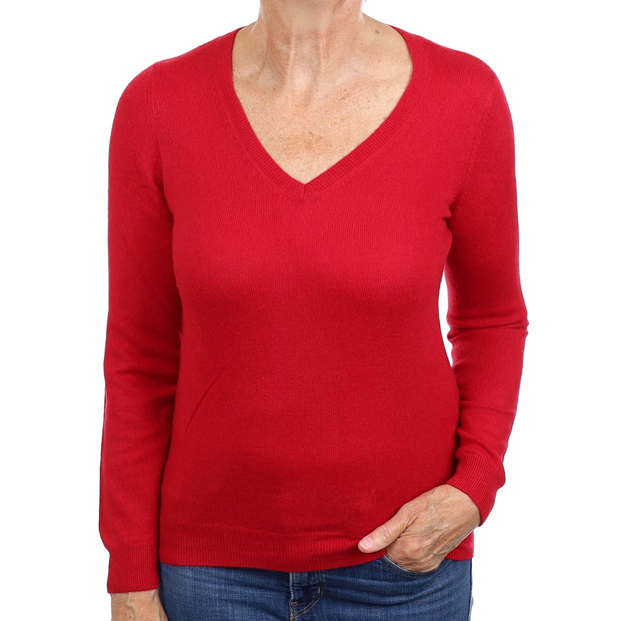 Post Box Red Cashmere V Neck Jumper Medium