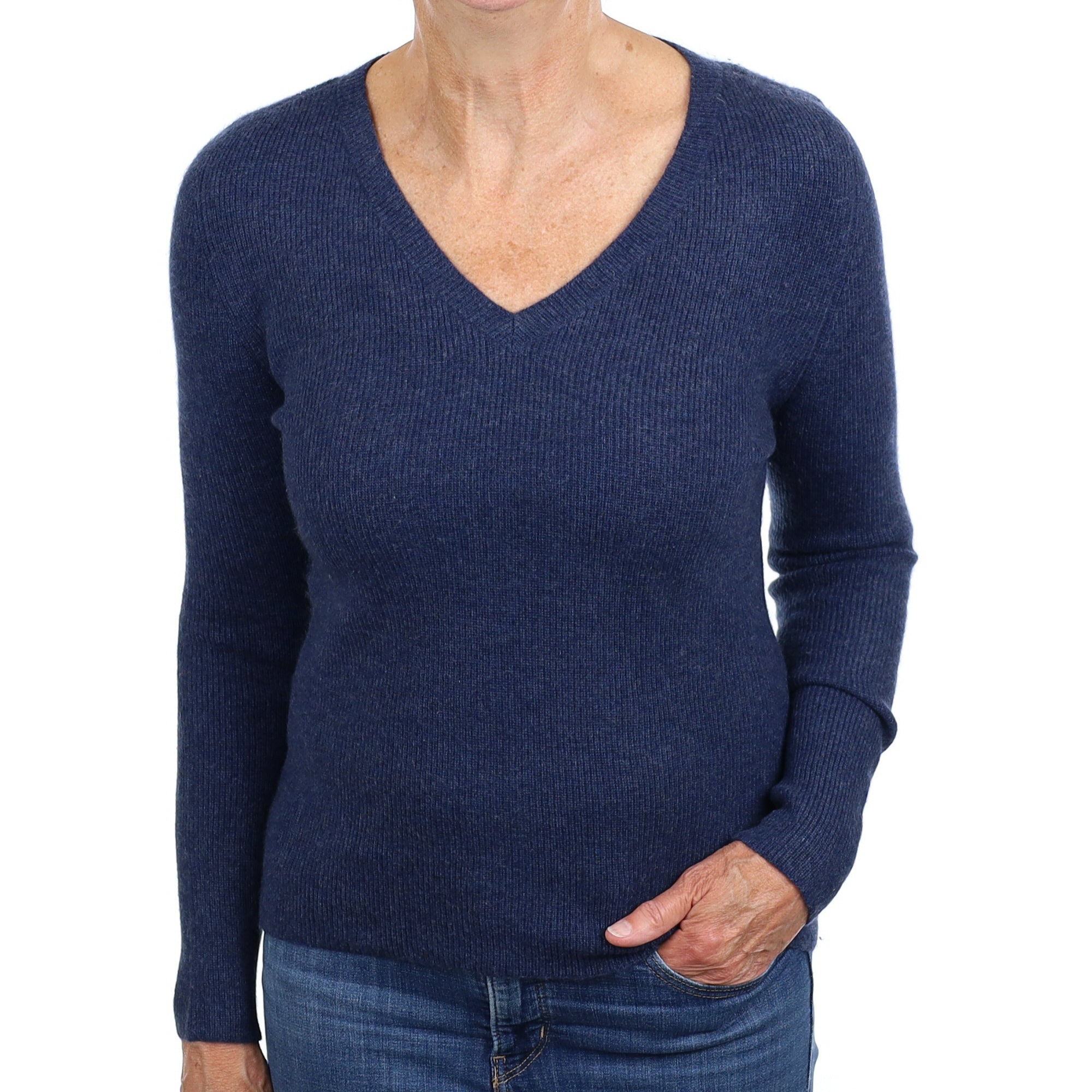 Dark Denim Blue Ribbed Cashmere V Neck Jumper Medium