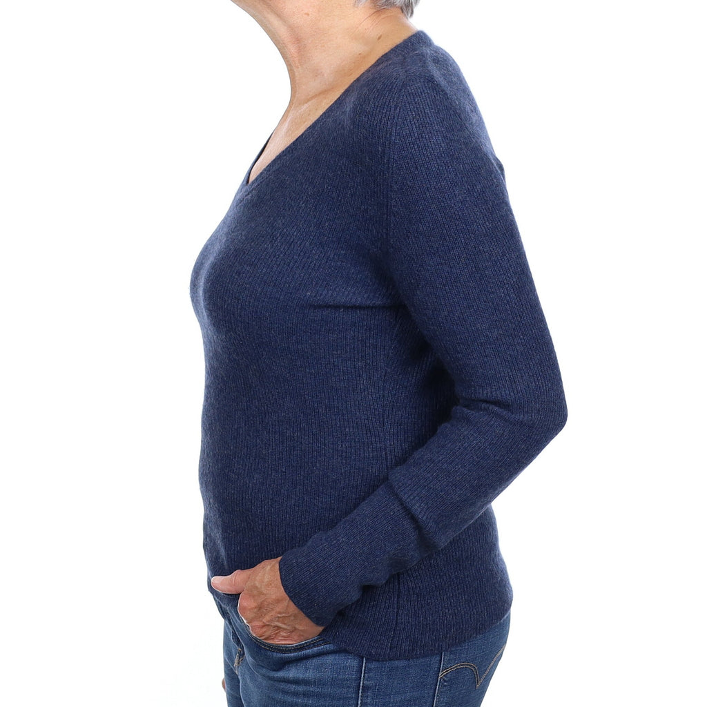 Dark Denim Blue Ribbed Cashmere V Neck Jumper Medium