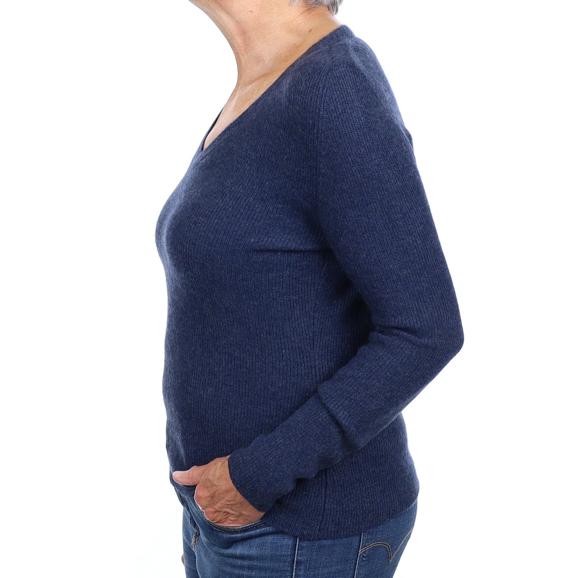 Dark Denim Blue Ribbed Cashmere V Neck Jumper Medium