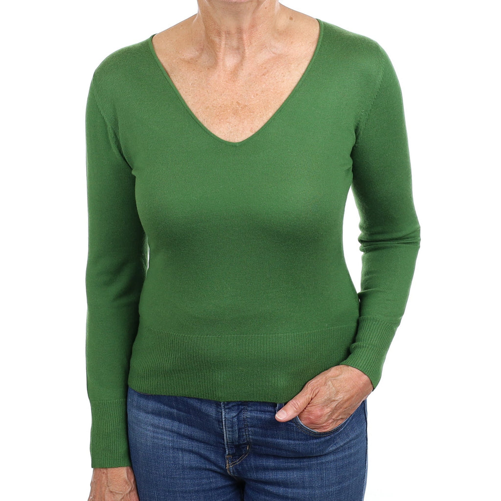 Fern Green Cashmere V Neck Jumper Medium