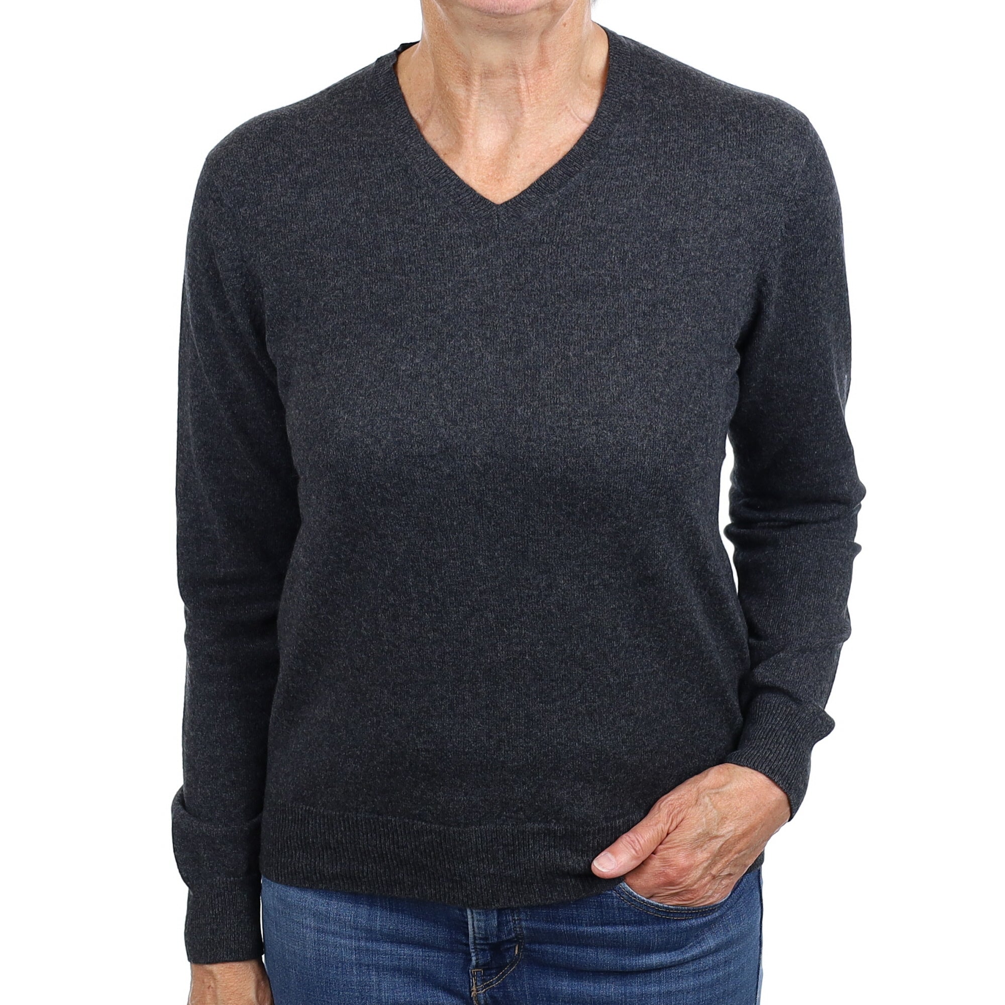 Charcoal Grey Cashmere V Neck Jumper Medium