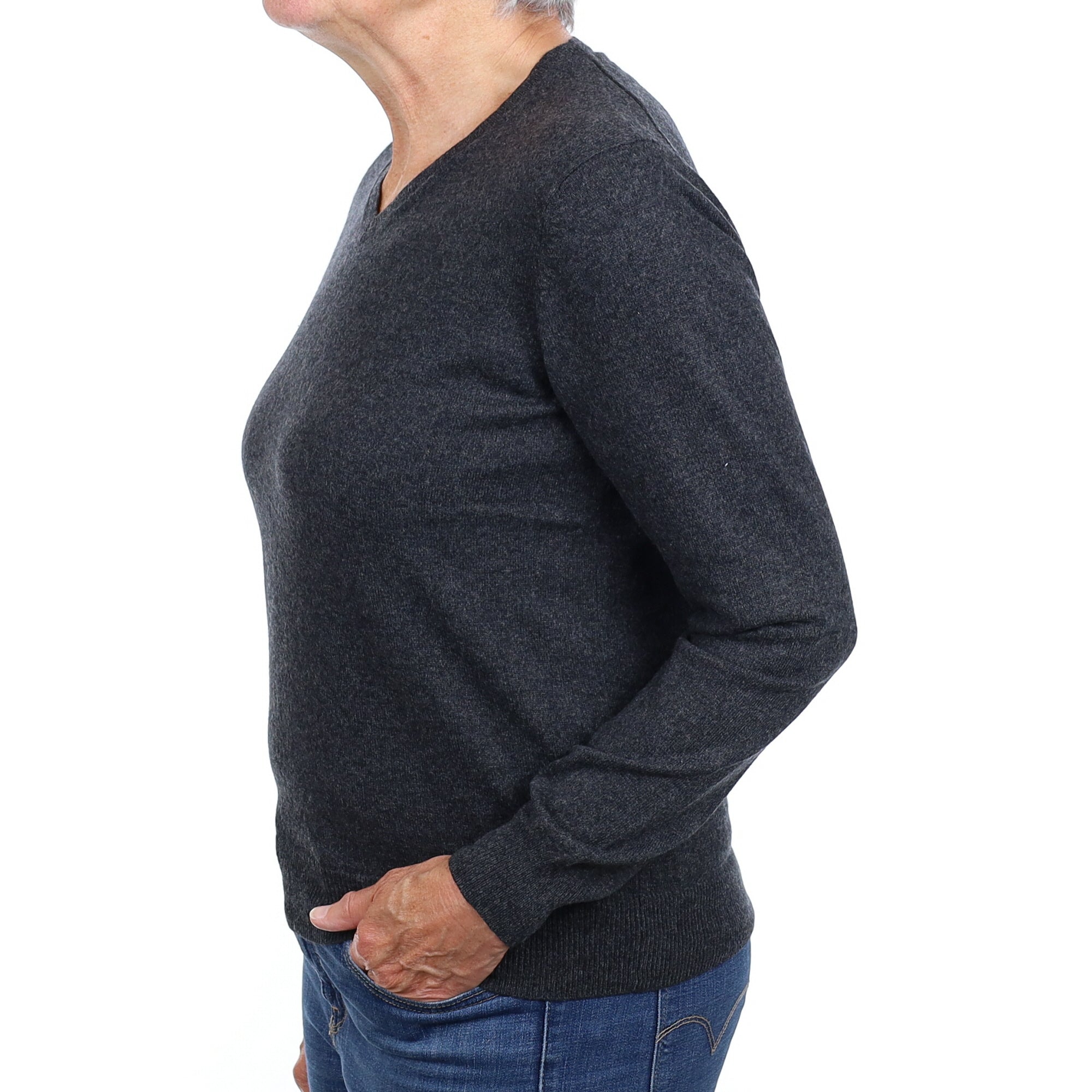 Charcoal Grey Cashmere V Neck Jumper Medium