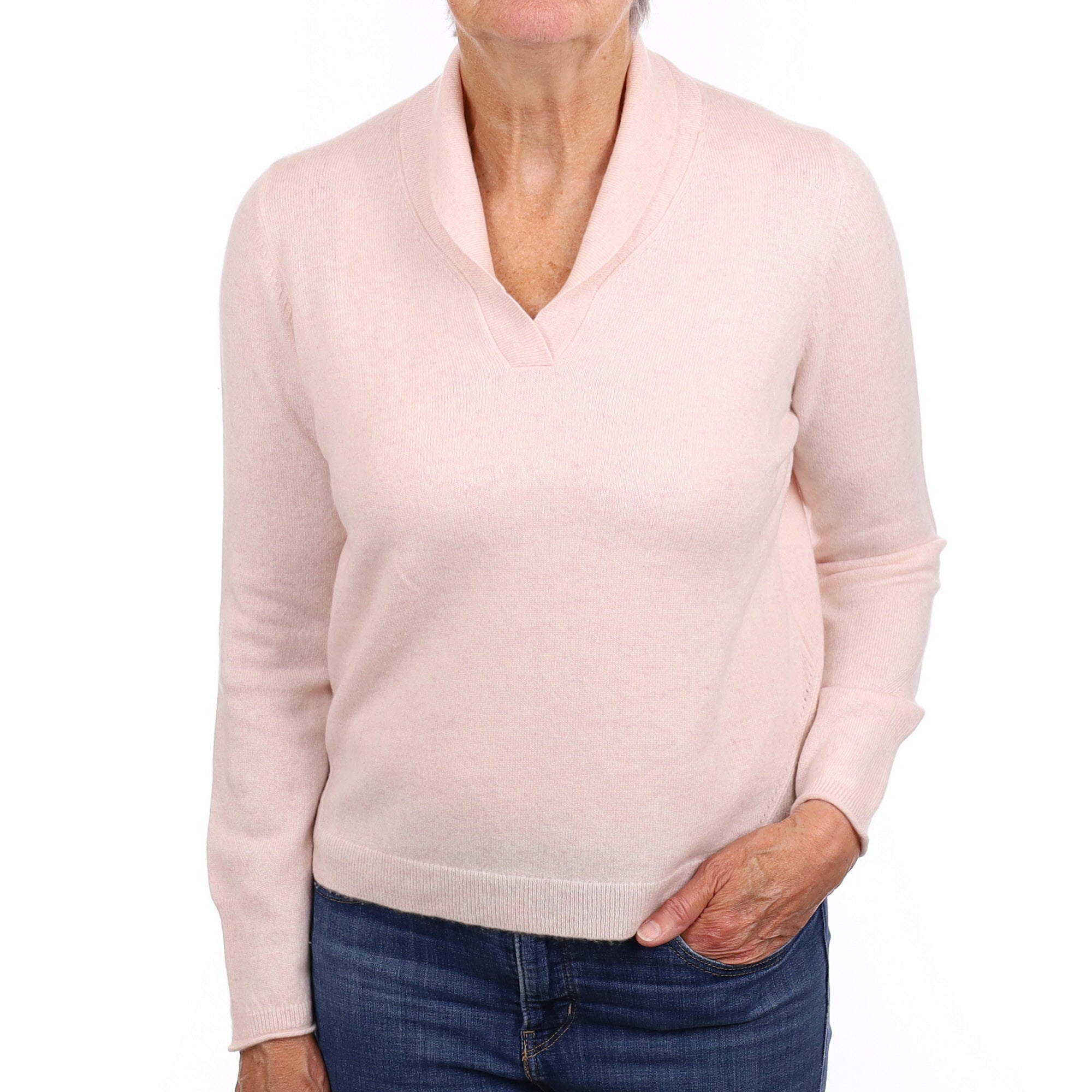 Ice Pink Cashmere Shawl Collar V Neck Jumper Medium